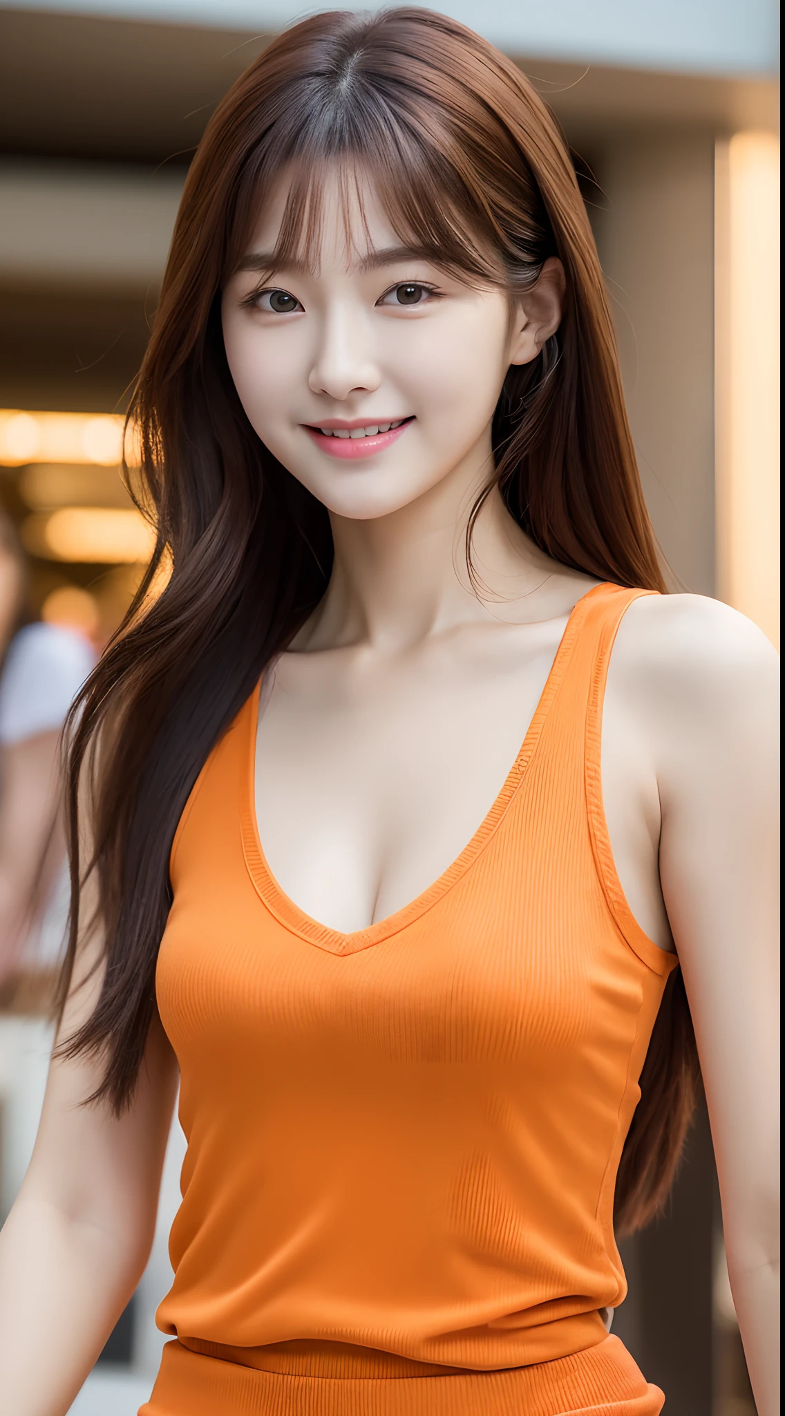 (realistic、high resolution:1.3)、1 girl with perfect body、The face shape and eyes are super thin、long hair、orange tank top:1 color random.2、short jeans、In the café、coffee on the table、huge 、Naked trench, 4K, HD, best quality,