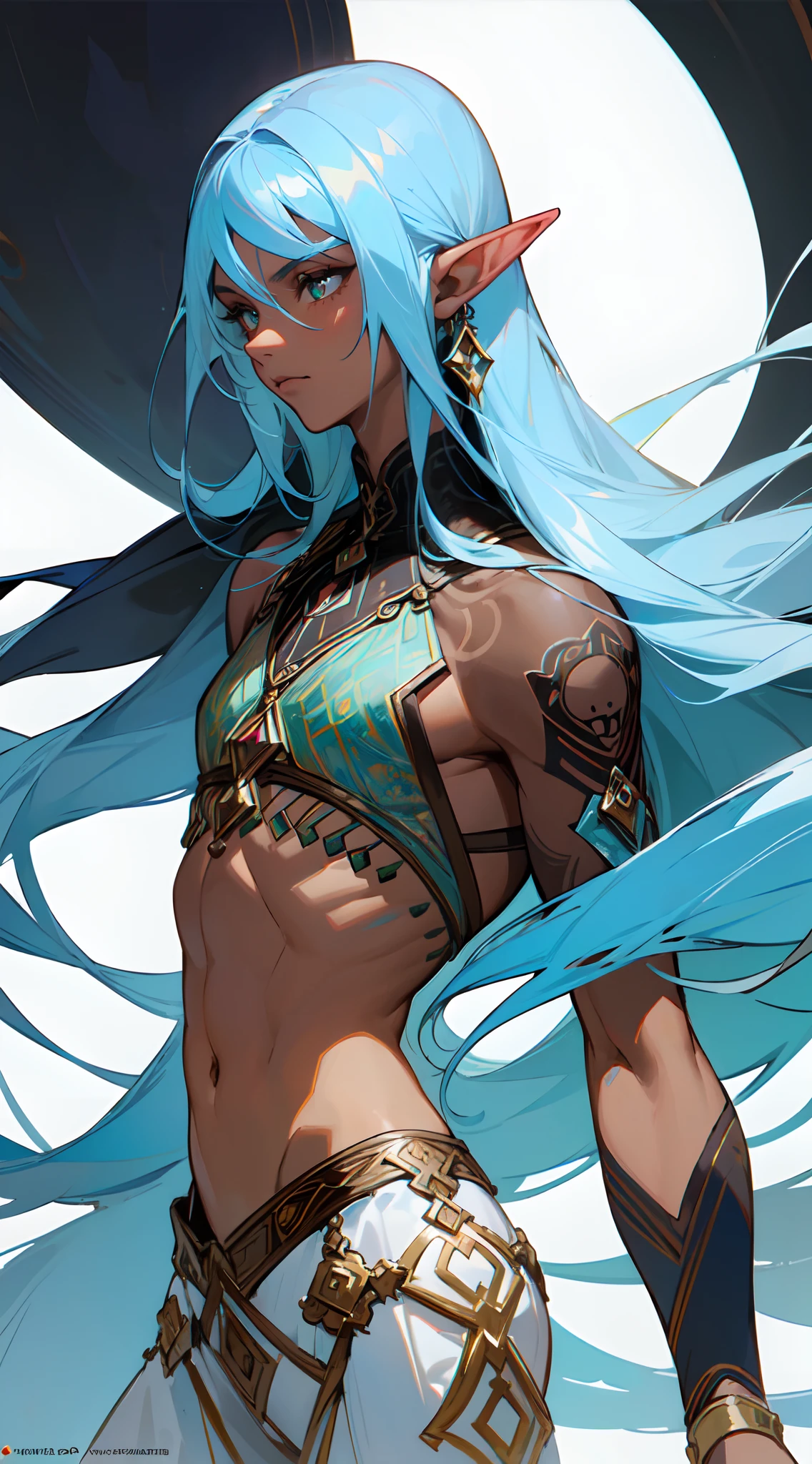 realistic, (masterpiece, top quality, best quality, official art, beautiful and aesthetic:1.2), extremely detailed,fractal art,colorful,highest detailed,zentangle,(white background:1.3), ((Beautiful man:1)) , ((Dark skin:1.5)) , (( Extremely long hair)) , ((light blue hair)) , ((male:1.4)) , full lips , green eyes , ((has elf ears:1)) , ((Crop top:1)) , ((Skinny build)) ,effeminate , full long eyelashes , age 32 ,