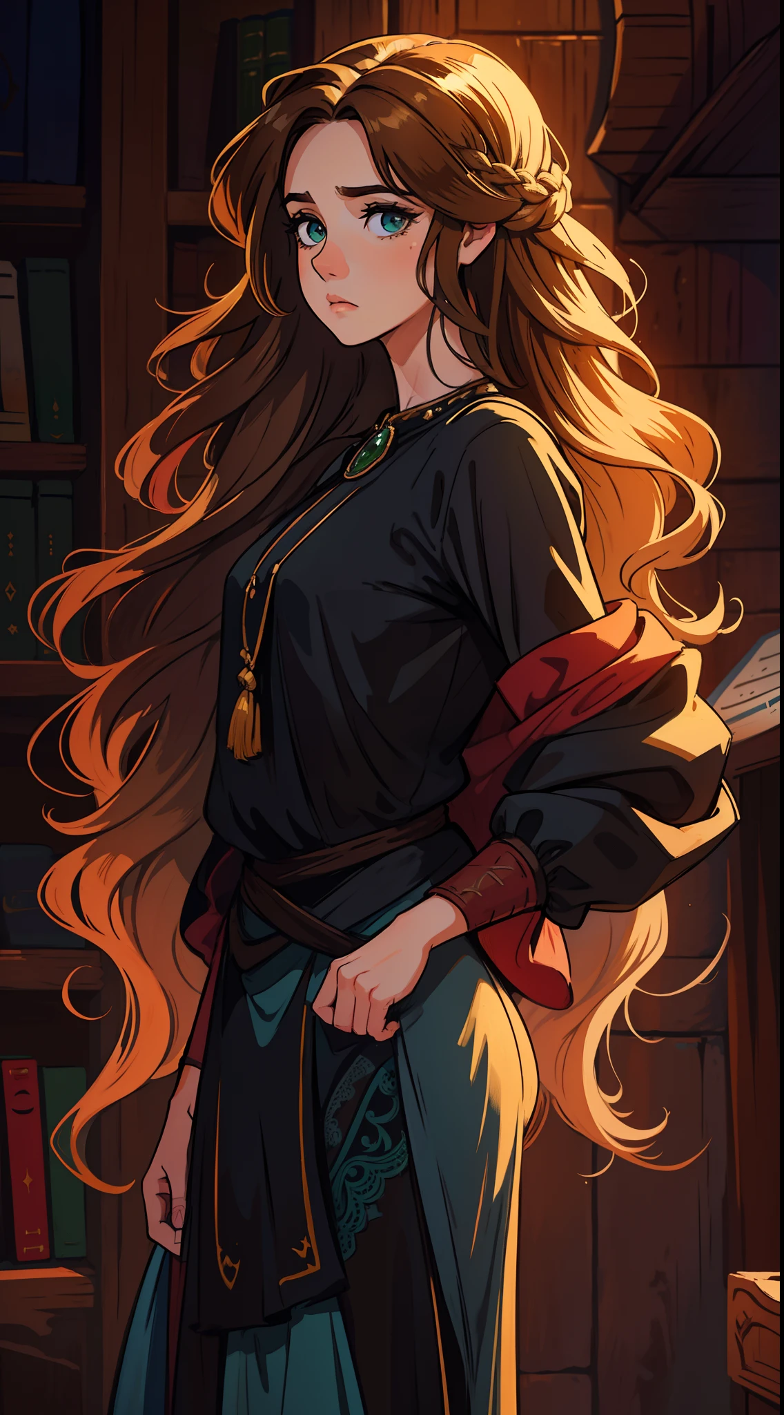 Uma bela mulher de olhos verdes e cabelos castanhos longo ondulado (brown hair) (Detailed strokes) Princess eyes Sexy curvy eyelashes A wooden wall background with bookcases Expressive drama with a sad look of concern An art for an RPG A medieval art for an RPG ((cabelo comprido) ((cabelo longo))