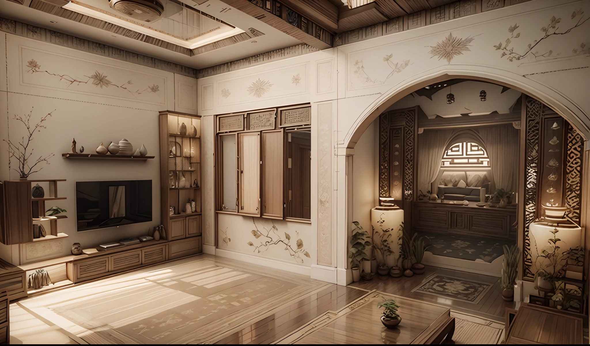 Interior design corridor floor plan, Southeast Asian style decoration, multi-angle display, 3d rendering, comfortable interior lighting, super detail, movies, furniture and windows in the evening, 8K