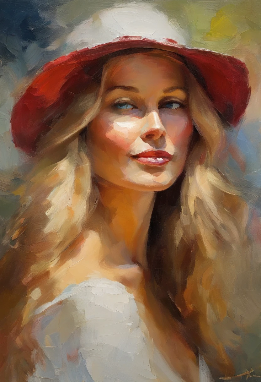 Female portrait, very beautiful woman, long blond hair, smiling eyes, looking right at the point of view, low cut white dress, solid red hat, acrylic painting, bold and expressive brushwork, impressionistic style, detailed face, epic background, expert lighting and shadows, fine art painting, Junyi Liu