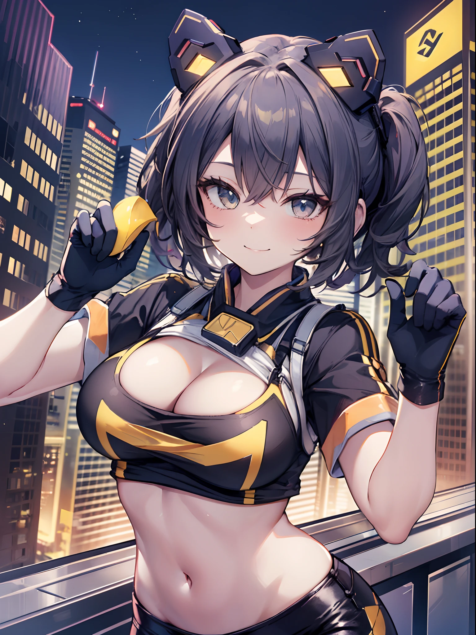 1girl in, (Chiquita:1.2), IP1, 1girl in, (Cat mask, croptop, Tight pants, Twin-tailed, Short sleeves, gloves), 
(Close Shot, Best Quality, hight resolution, 4K, Detailed Lighting, Shaders, NSFW), 

Smiling,
Dynamic Pose, 
Skyscraper, Night, 
Looking at Viewer,
cleavage, large boobs,