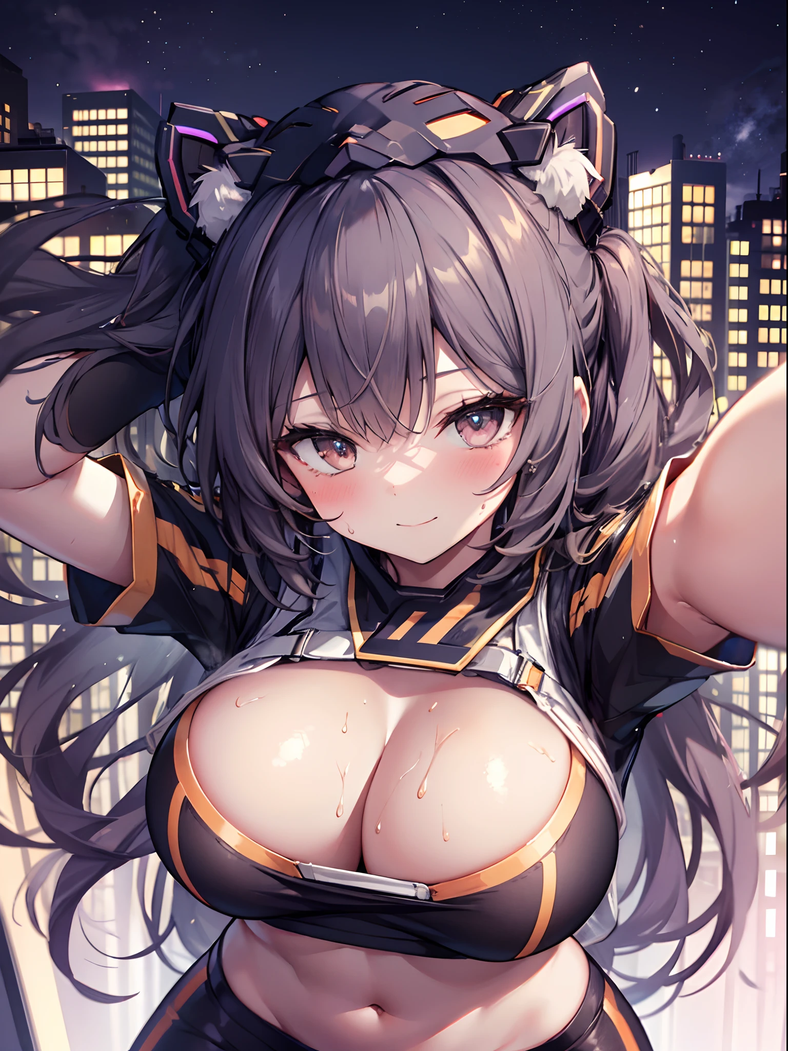 1girl in, (Chiquita:1.2), IP1, 1girl in, (Cat mask, croptop, Tight pants, Twin-tailed, Short sleeves, gloves), 
(Close Shot, Best Quality, hight resolution, 4K, Detailed Lighting, Shaders, NSFW), 

Smiling, blush, sweat, 
Dynamic Pose, 
Skyscraper, Night, 
Looking at Viewer,
cleavage, large boob, 
from above, focus boobs,