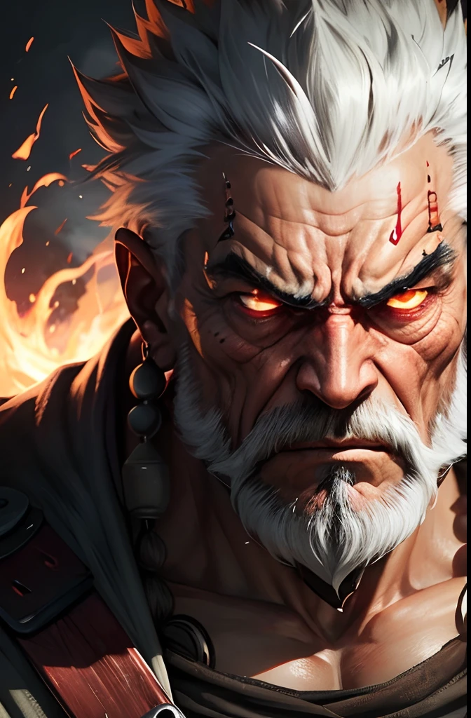 An old stoic warrior looking straight to the screen with an angry face.