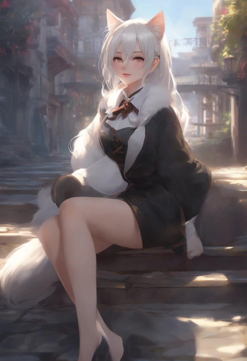 1girll, Ebenya, view the viewer, White hair, neko, Cat ears, Cat tail, White shirt, Open clothes, russian city, ba-shiroko