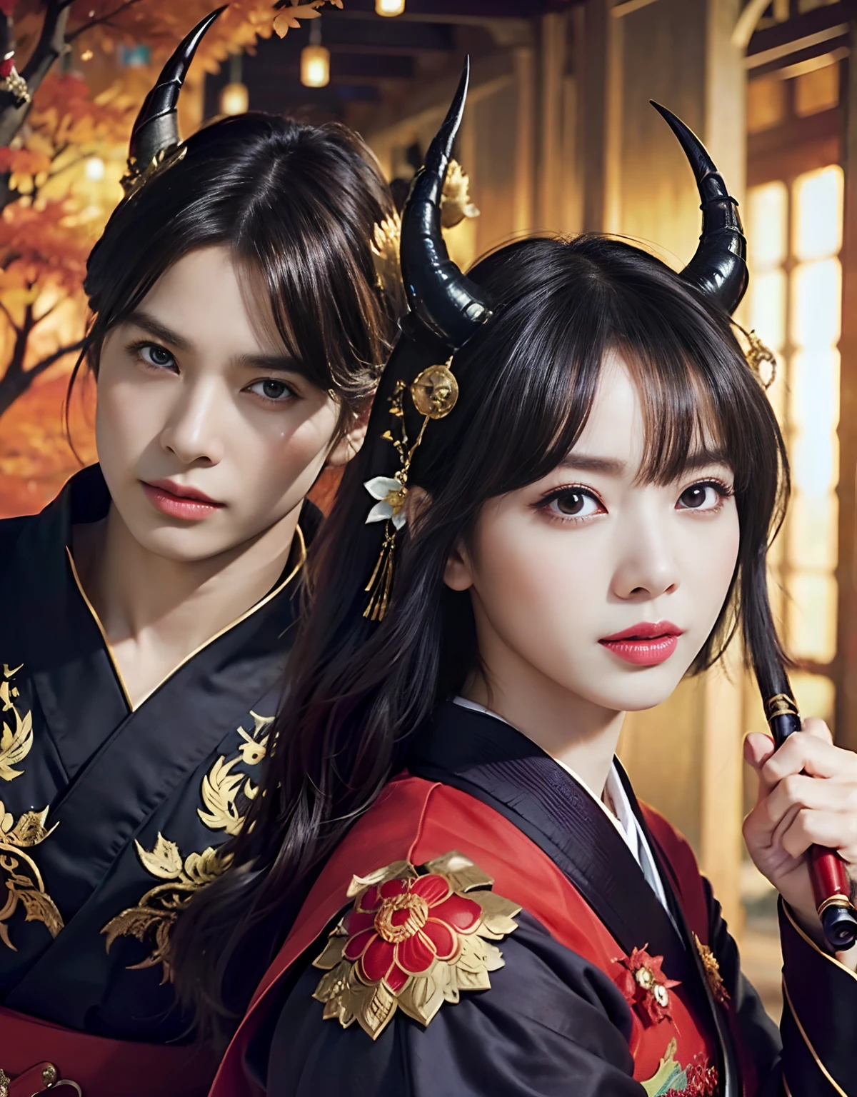 (((fierce battle))),Professional , masterpiece、top-quality、photos realistic , depth of fields 、(sexypose)、(Black maple on the background of full bloom),(Ultimate Beauty)、A dark-haired、Mystical expression、(shrine background)、(Kimono with beautiful pattern)、(Night background)、Beautiful hair ornament on the head、,(intense fighting),((Precipitous cliffs)),(Wear a beautiful kimono),(Wear a colorful and beautiful kimono)、(Japan Castle Background)、Jewel Gold Weapon、Particles of light),(intense fighting)、Gorgeous gold weapons ,Castle background、(( Gorgeous Dragon Sword)) , (a dark night),,(maikurobikini) 、((Black Haired Beautiful Girl))、(Castle background)、(demonic wings)、((Gangle's forest background))、Beautiful Caucasian beauty、1a person、dynamic ungle,(((Two devil's horns on the head)))、Smaller head、Idle Smile、Thin and beautiful female hands、Mystical expression、Light Effects、intense fighting、Wind-effect、magic circles、With the legendary magic wand、Dragon's tail、Anatomically correct fingers、Full body angle、