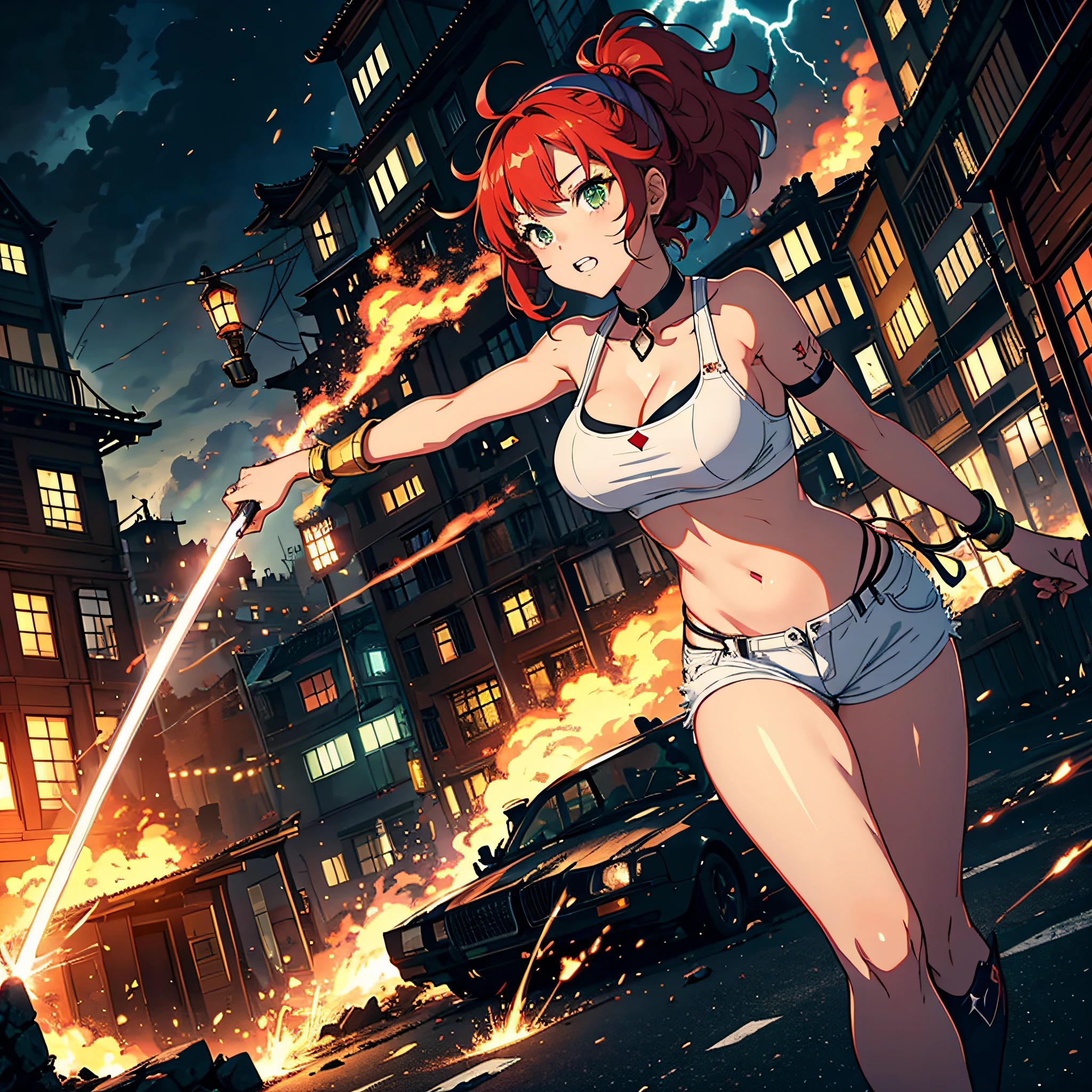 One side of the dress is torn at the chest、Dust cloud、tits、Nipples fully visible、receive damage from an attack、anime、((Battle scene in the ruins))、blush、Line art、Pencil drawing、short hair、Black Dress、Red Hair、Light blue eyes