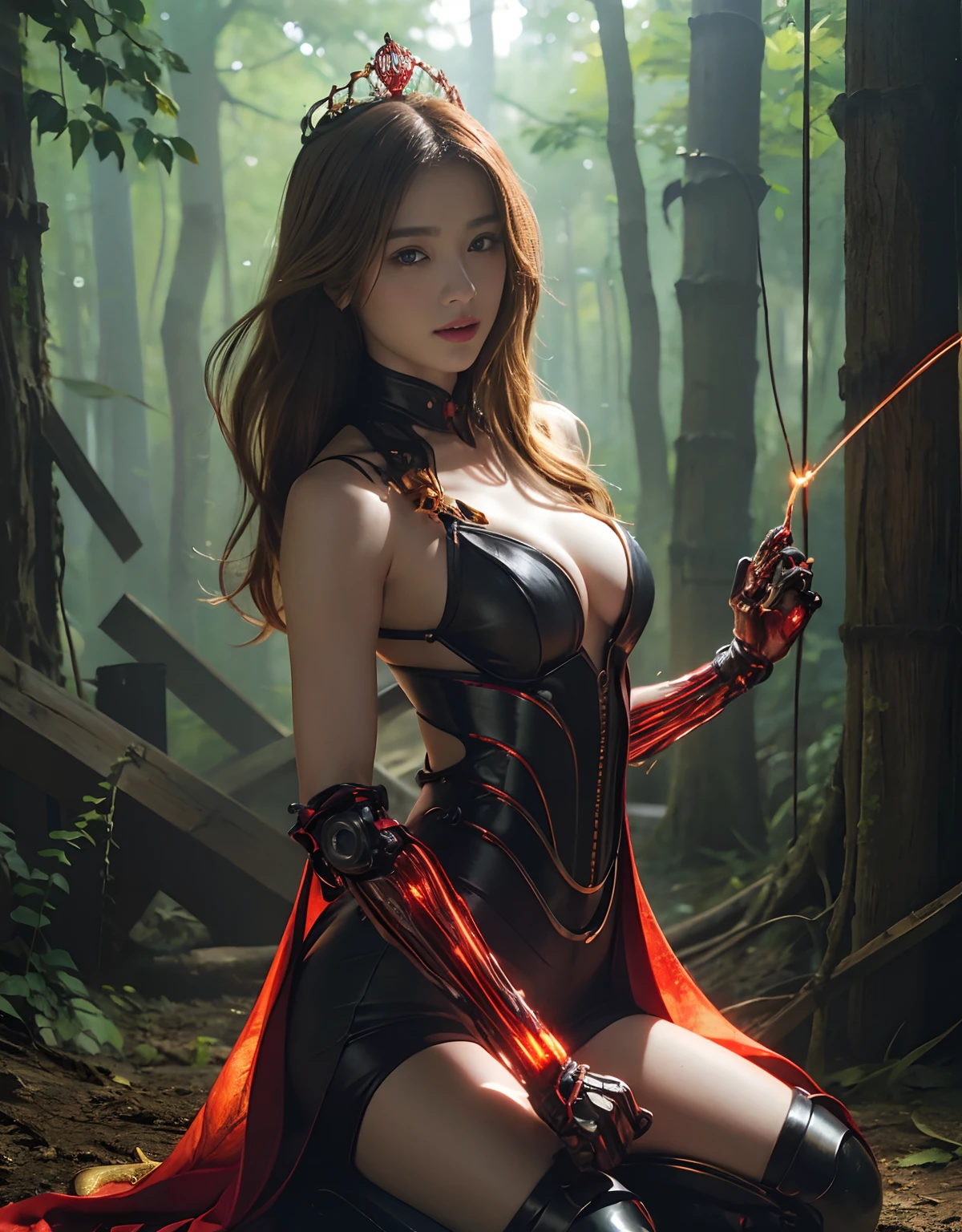 (1 Mechanical Girl)、top-quality、masterpiece、超A high resolution、(Wearing a crown made of jewels),(Photorealsitic:1.4)、Raw photo、1人、Golden hair、glowy skin、(((1 Mechanical Girl)))、(Realistic dragon background)、(Fight big dragons)、With a beautiful knife、(Metal bodysuit)、(beautiful forest background)、Precipitous cliffs、(Small LED)、((super realistic details))、portlate、globalillumination、Shadow、octan render、(One-Eyed Scouter)、With a laser knife、There are goblins、8K、ultrasharp、Colossal tits、Raw skin is exposed in cleavage、metals、Details of complex ornaments、Japan details、highly intricate detail、Realistic light、CGSoation Trends、Red Eyes、radiant eyes、Facing the camera、neon details、(Mechanical limbs)、(blood vessels connected to tubes)、Mechanical vertebrae attached to the back、mechanical cervical attaching to neck、(Wires and cables connecting to the head)、Gundam、Small LED、,Mechanical thighs、Toostock、(Hands are also made of machines)、
