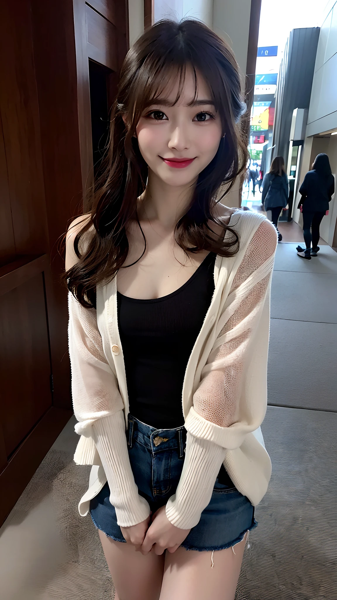 (masterpiece:1.3), (8K, Photorealsitic, Raw photography, Top image quality: 1.4), Japan high school girls、(Random hairstyles:1.2)、(small tits:1.3)、Super Detail Face、Eye of Detail、二重まぶた、foco nítido:1.2、prety woman:1.4、light brown hair、top-quality、masterpiece、超A high resolution、(Photorealsitic:1.4)、very detailed and professional lighting、slender、skinny thigh、Grinning smile:1.2、((Walking in Ginza))、a black T-shirt、Wearing a long cardigan:1.3、wearing denim shorts、Bare legged、Wear sandals、