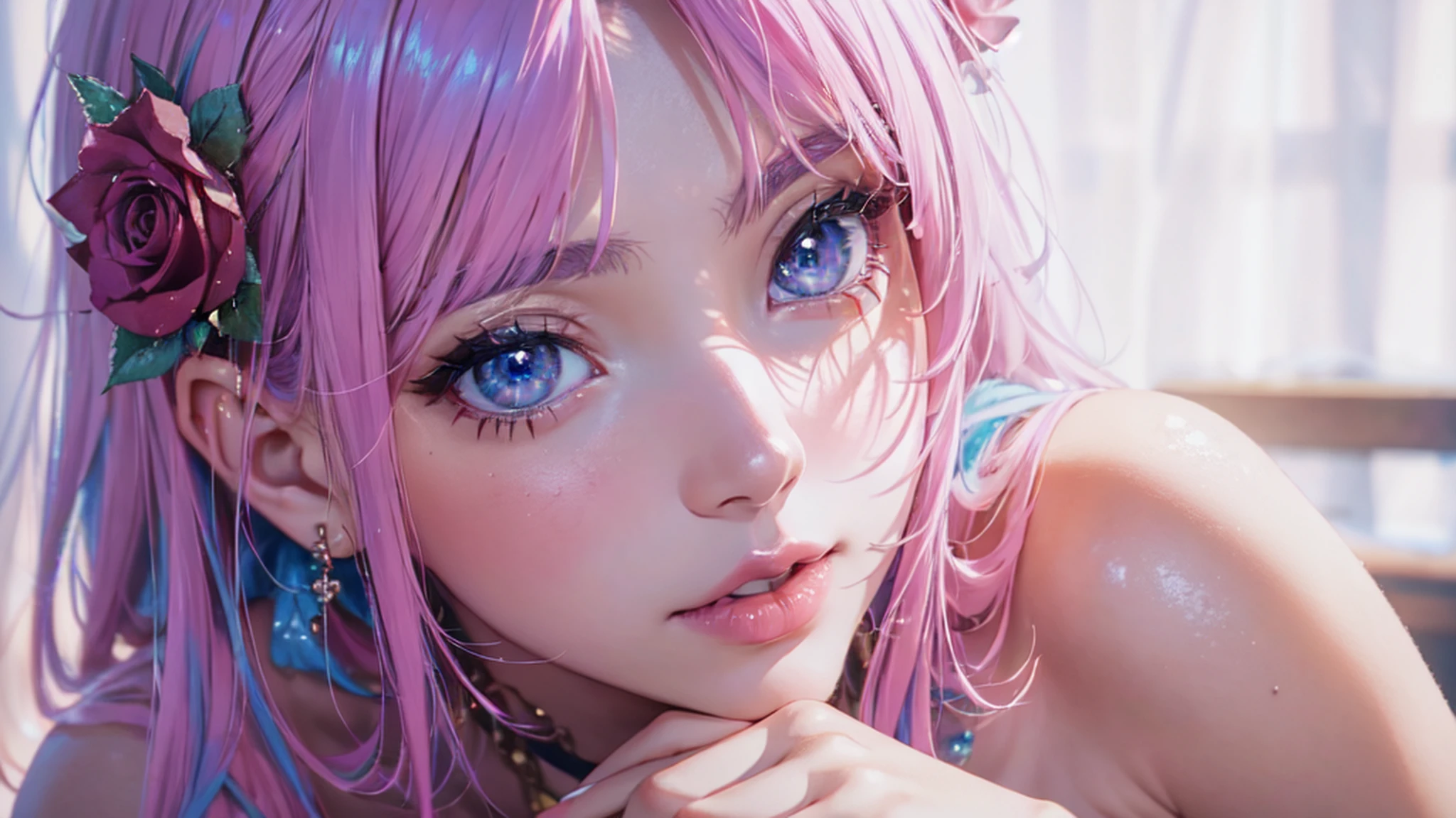 (best quality, 8k, masterpiece:1.2, nsfw,ultra-detailed,realistic,photorealistic),Cutest,Cute girl,solo,mesugaki,Beautiful face,Beautiful eyes,Beautiful hair,Beautiful skins,skin whitening, light skinnedHighly detailed, Seductive erotic woman sweating, covered with rose pedals, (busty, Pink/Blue hair), Focusing on the face, Focus on the face, intricate eyes,French style bedroom.