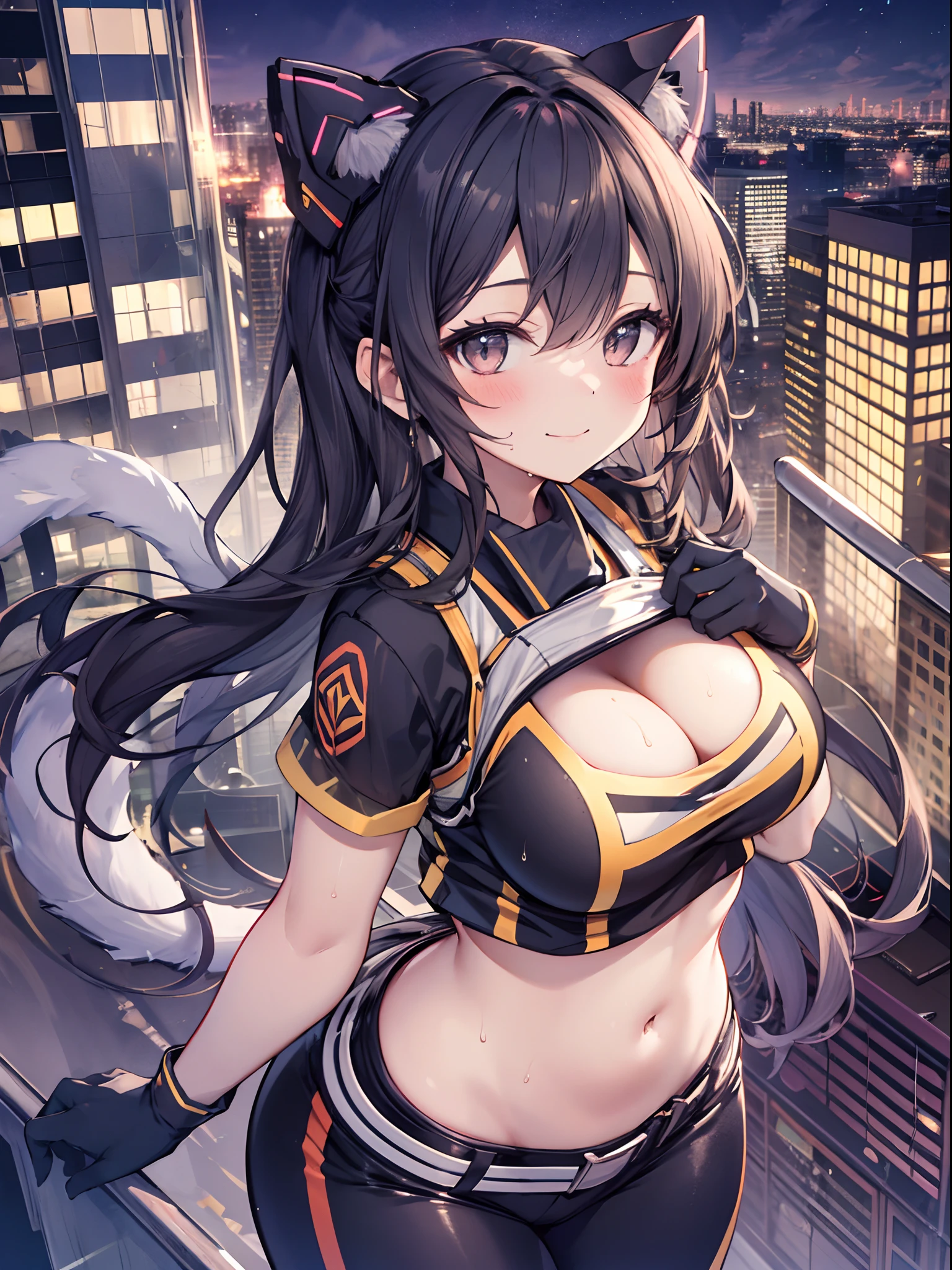 1girl in, (Chiquita:1.2), IP1, 1girl in, (Cat mask, croptop, Tight pants, Twin-tailed, Short sleeves, gloves),
(Close Shot, Best Quality, hight resolution, 4K, Detailed Lighting, Shaders, NSFW),
Smiling, blush, sweat,
Dynamic Pose,
Skyscraper, Night,
Looking at Viewer,
cleavage, large boob,
from above, focus boobs,