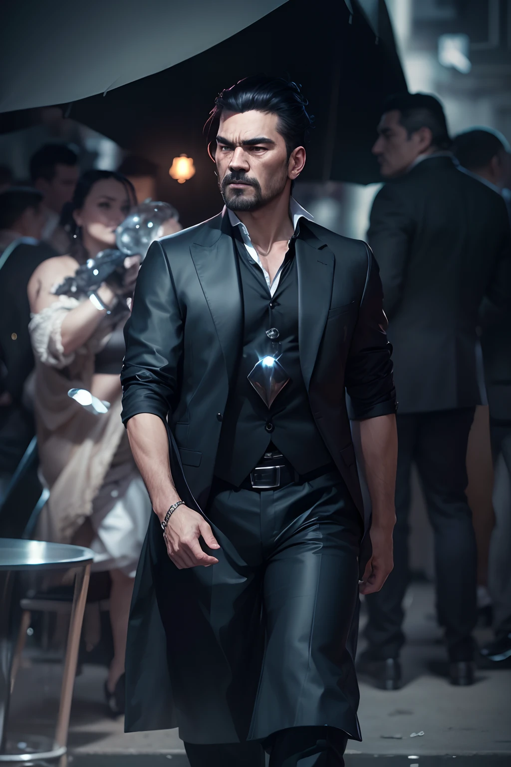 Change this man into a powerful mafia boss with aesthetic dark background, realistic, 4k ultra HD