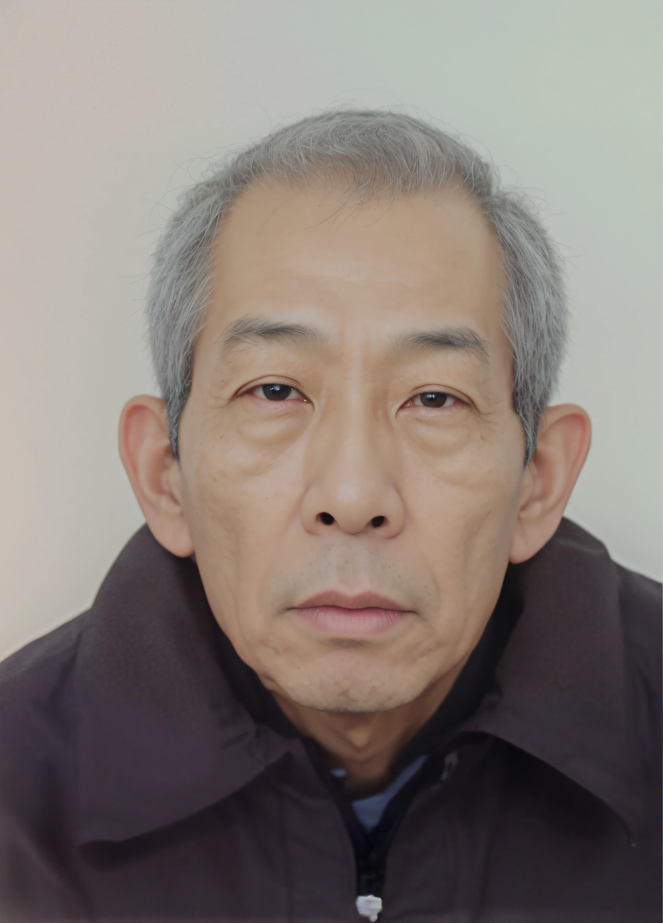 Portrait of a 60-year-old Chinese man，Thin face，petty eyes，The glasses are small，The mouth is slightly raised，Good facial features，Symmetrical facial features，Clear ears，Ultra-clear and realistic facial features，white color hair，He wears a gray zippered jacket，Cotton clothes，The texture of the clothes is clear，Ultra-clear texture，Camera shooting effect，Light and shadow are natural，Symmetrical clothes，The collar is symmetrical and coordinated，Ultra-clear realistic 8K,Very detailed eyes and face, hugefilesize, Ultra detail, High definition, Very detailed, Best quality, Masterpiece, , Realistis, Real, Unity, 8K wallpaper,Background details for foreground objects (Masterpiece: 1.2) (Photorealistic: 1.2) (Bokeh: 1.2) (Best quality) (Color grading) (Detailed skin: 1.3) (complex) (8K) (hdr) (Movie lighting: 1.3) (Sharp focus), Glossy glossy skin, Front-facing Ultra HD, Digital SLR, Soft lighting, High quality, film gram, Fujifilm XT3