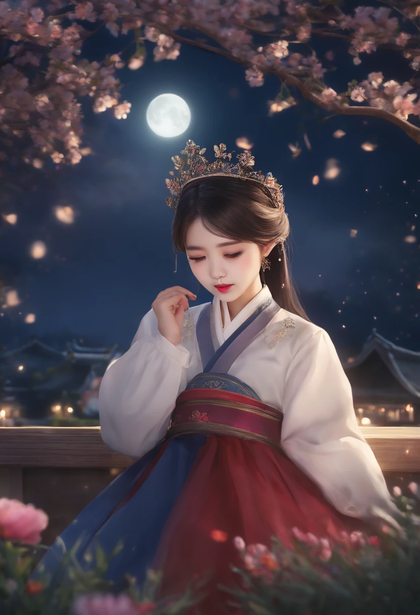 best quality, high_resolution, distinct_image, detailed background ,girl, hanbok,flower,garden,moon, night,dutch angle, wide shot, crown,