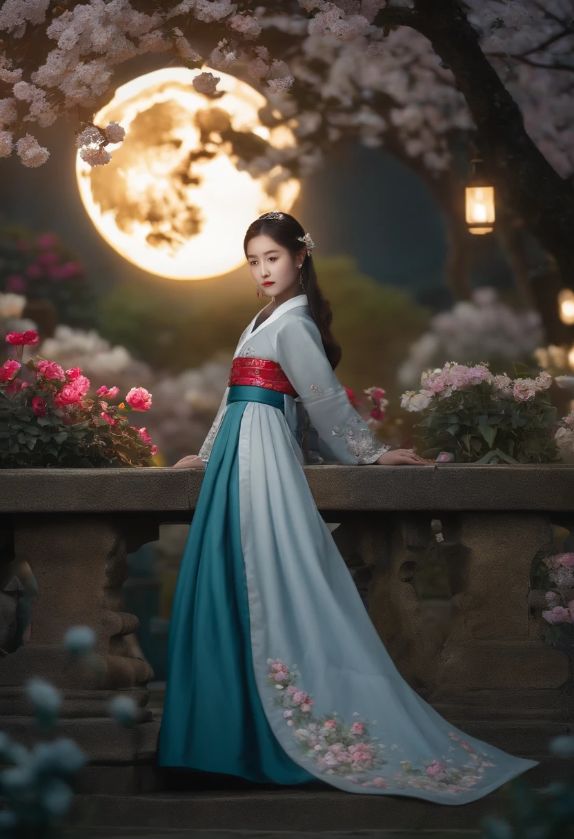 best quality, high_resolution, distinct_image, detailed background ,girl, hanbok,flower,garden,moon, night,dutch angle, wide shot, crown,