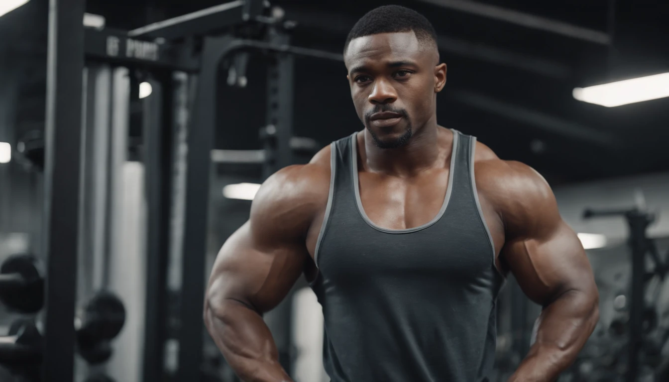 A young Maghrebian man with mixed race skin, 22 years old, shaved with short hair and a goatee, athletic build, photo with a tank top at the gym