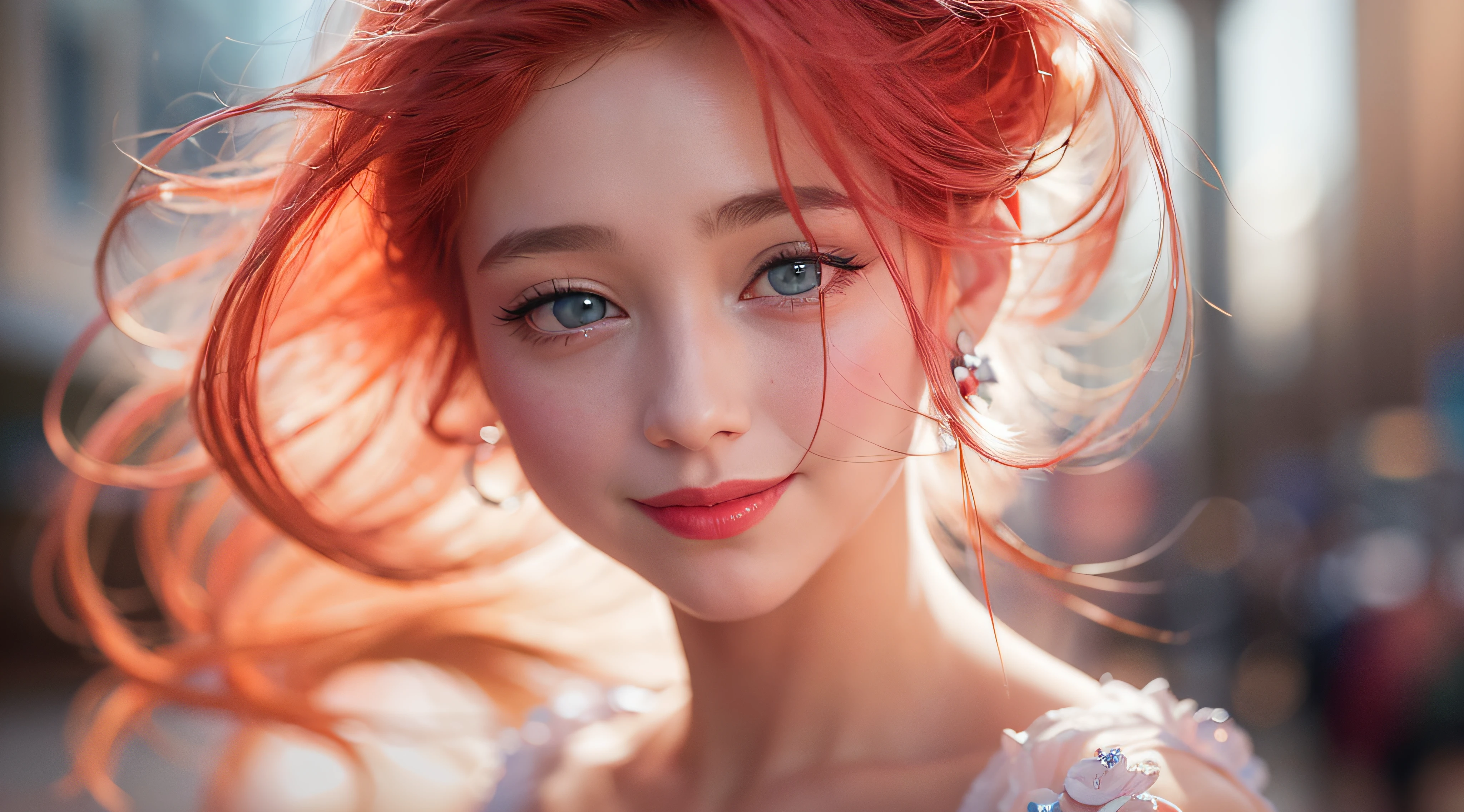 (8k, RAW photo, photorealistic)+ ,( lipgloss, eyelashes, gloss-face, glossy skin, best quality, ultra highres, depth of field, chromatic aberration, caustics, Broad lighting, natural shading)+ looking at viewer with a serene and goddess-like happiness, masterpiece, realistic, photo-realistic), 1girl, face, close-up, Smiling, ight red hair, blue eyes, (looking at viewer)2, absurdly long hair, long eyelashes, eyeshadow, big blue eyes, high contrast, portrait photography, close up, masterpiece, 20 years old woman, long silky light red hair, Red lipstic, Red Lips, symetrical face, Most beautiful women, Goddess like beauty, clears facial expressions, subtle smile, stunning women, elegant dress, in middle of avenue, 35 mm, DLSR, film grain, cinematic, intricate details, 4K, 8k, hd