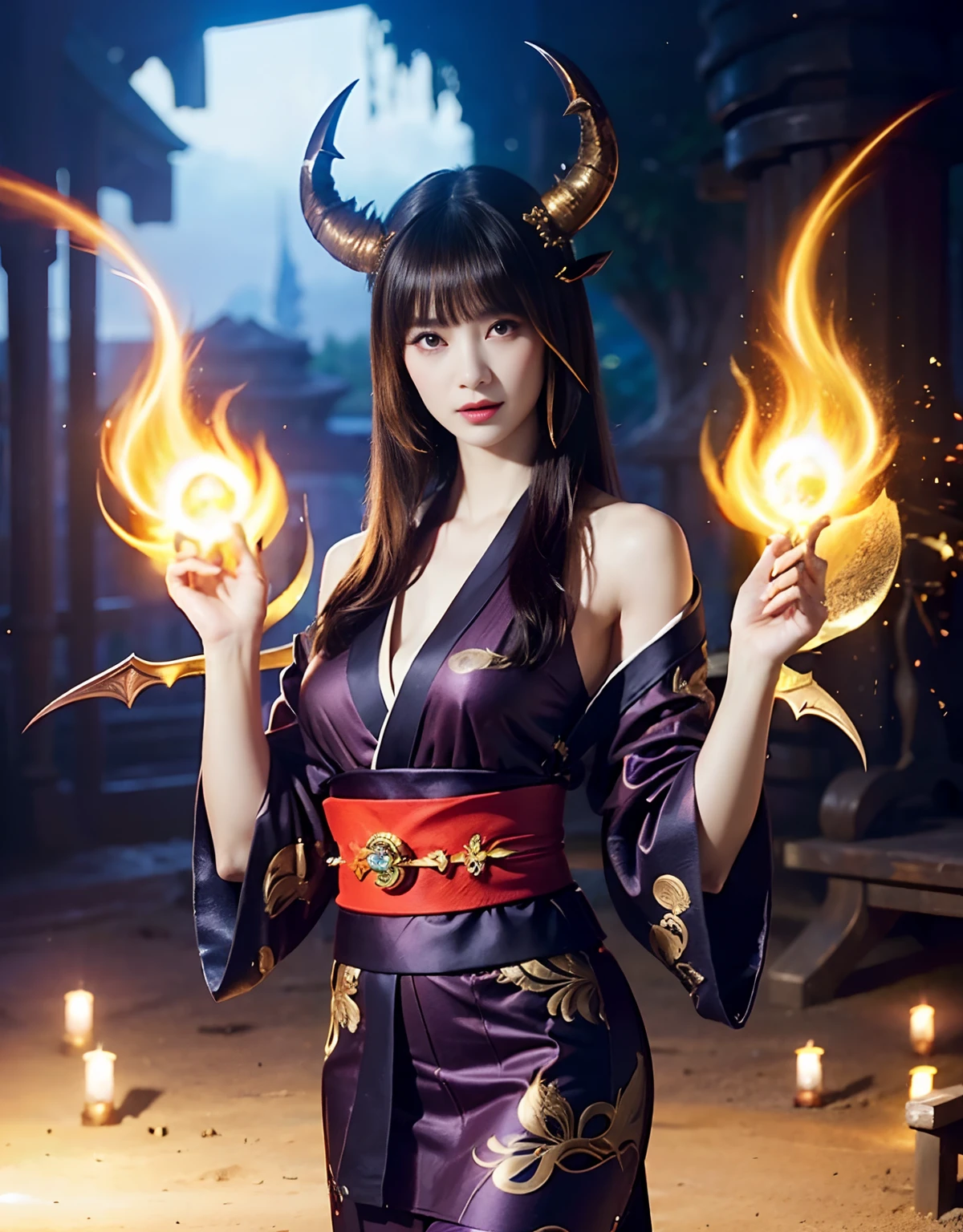 ((World of Darkness)),Professional , masterpiece、top-quality、photos realistic , depth of fields 、(sexypose)、(Black maple on the background of full bloom),(Ultimate Beauty)、A dark-haired、(shrine background)、(Kimono with beautiful pattern)、(Night background)、Beautiful hair ornament on the head、((Precipitous cliffs)),(Wear a beautiful kimono),(Wear a beautiful kimono with colorful floral patterns)、Jewel Gold Weapon、Particles of light),(Wearing a wizard's hat)、Gorgeous gold weapons ,Castle background、(( Gorgeous Dragon Sword)) , (a dark night),,(maikurobikini) 、((Black Haired Beautiful Girl))、(Castle background)、(demonic wings)、((Gangle's forest background))、Beautiful Caucasian beauty、1a person、dynamic ungle,(((Two devil's horns on the head)))、Smaller head、Idle Smile、Thin and beautiful female hands、Mystical expression、Light Effects、intense fighting、Wind-effect、magic circles、With the legendary magic wand、Dragon's tail、
