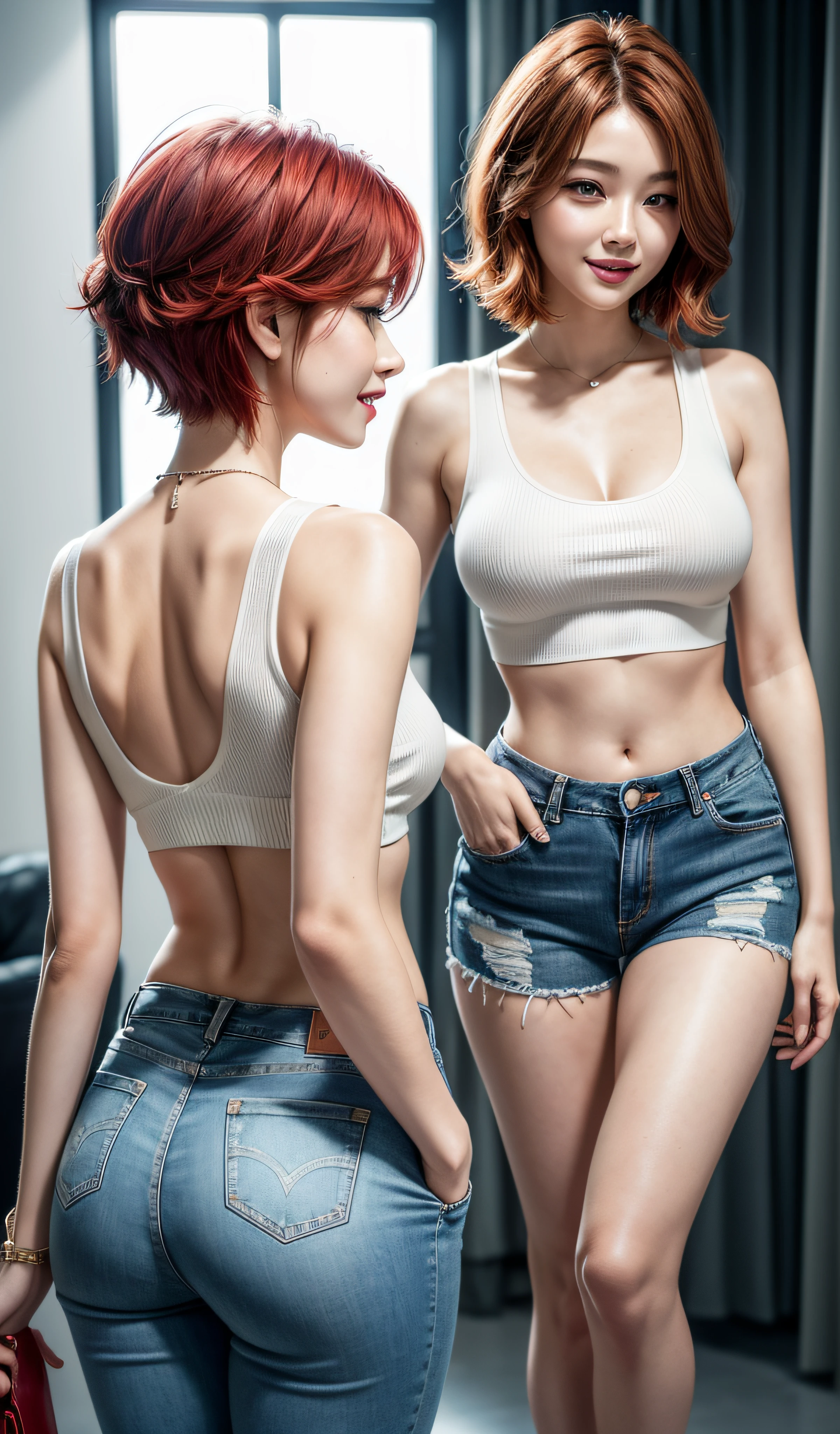 8K, Masterpiece, RAW photo, Best quality, Photorealistic, Extremely detailed CG unifies 8K, 8K, Diamond, and wallpaper, Depth of field, Cinematic light, Lens flare, Ray tracing, Super sexy Maria dressed (Low-cut and tight (Ultra-short,denim hot-pants)),((full bodyesbian)),((Long legs)), (thigh gap:1.5),Narrow waist、(Wide buttock),(big assa),Pretty Korean girl, Kpop idol, 1 girl, (Very slim and slender muscular body:1.3), ((view the viewer)),(Big smile:1.3),Narrow waist、(big assa),((White crop top top:1.5) Vest with exposed neckline), Short hair, Red hair, photorealestic, photography of, (A high resolution), (realisticlying:1.4), (very intricate), (exquisitedetails), highly detailed, A high resolution, Original, Extremely detailed 8k wallpaper, best qualtiy, 详细的脸, ultra - detailed, RAW photogr, realisticlying, (Extremely beautiful face, Beautiful lips, Beautiful eyes), intricate detail face, (Plump red lips),((ultra detailed skin),(Low-cut and tight (Flare Jeans)),(thigh gap:1.5),Narrow waist、(Wide buttock),(big assa), (view the viewer:1.3) Short hair, Red hair,open breast, Very slim, Medium breasts, Turn Back, Back shot, , underwear