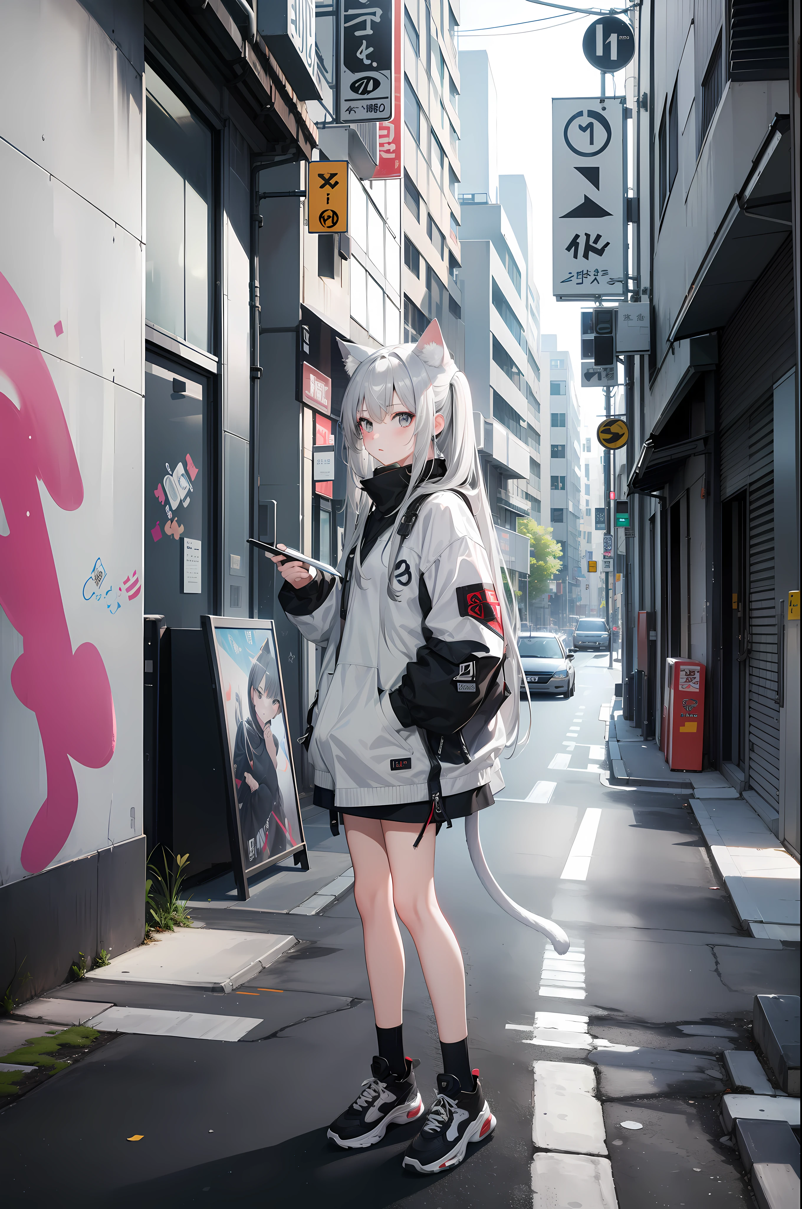 4k画质, Highest high resolution, Grey-white bangs, grey eyes, Girl, Graffiti walls, wide wide shot, street corner, cat ears