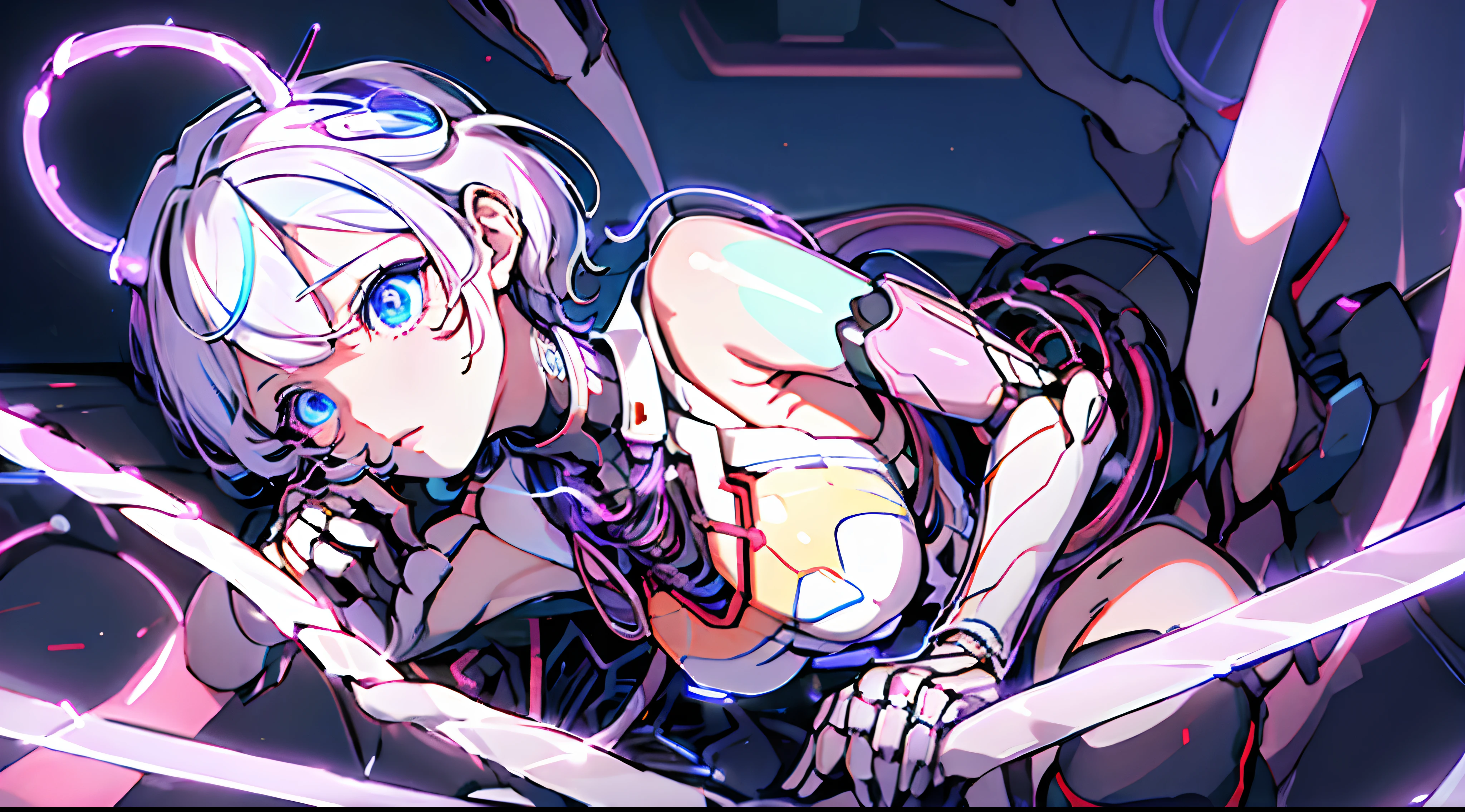 Top quality、Meisterwerk、超A high resolution、(Prostituierte Sexy Pose),(Eine futuristische Sonnenblende tragen)、(Fotorealistisch:1.4)、RAW-Foto、1人、schwarzes Haar、Strahlende Haut、((1 mechanical girl))、((Super realistische Details))、Portlate、(kleine LED-Lampe)、Drahtrohre, that shine all over the body、GlobalIllumination、Schatten、Oktan-Rendering、8K、armpit、ultrascharf、Kolossale Titten、kleine LED-Lampe、Raw skin is exposed in the décolleté, Blood vessels, which are connected with hoses、roter Body、armpit、cyberpunk city hintergrund、Details komplexer Ornamente、Japan Details、Sehr filigrane Details、Realistisches Licht、CGSoation-Trends、blaue Augen、Strahlende Augen、Der Kamera zugewandt、Neon-Details、machanical limbs、Blood vessels, which are connected with hoses、Mechanische Wirbel, which are attached to the back、Wires and cables, die mit dem Kopf verbunden sind、Gundam、kleine LED-Lampe、