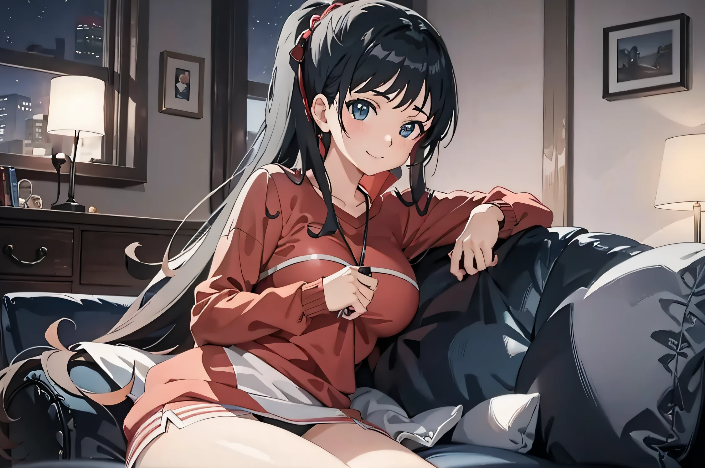 (masterpiece, best quality, detailed),1girl,kirigaya suguha, (black hair),sitting on a couch in a room with a window, seductive anime girl, attractive anime girl, cute anime girl,pretty anime girl, anime moe artstyle, beautiful anime girl, (anime girl),oppai, anime girl, anime best girl,eye details,teasing smile, clean detailed anime art,high resolution, (perfect hands, perfect anatomy),