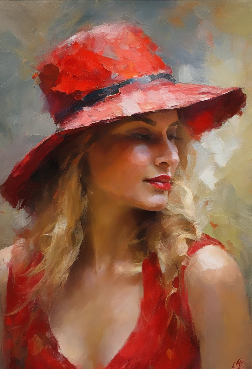Female portrait, very beautiful woman, long blond hair, smiling eyes, looking right at the point of view, red hat, acrylic painting, bold and expressive brushwork, impressionistic style, detailed face, epic background, expert lighting and shadows, fine art painting, Wadim Kashin.