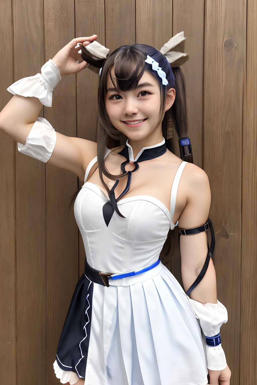 (masterpiece, best quality:1.2), hd, realistic, 80mm, cowboy shot, solo, 1girl, vestia zeta, virtual youtuber, smile, looking at viewer, hair ribbon, hair ornament, white dress, single thighhigh, thigh strap, fullbody, standing, cosplayer, asian Young woman