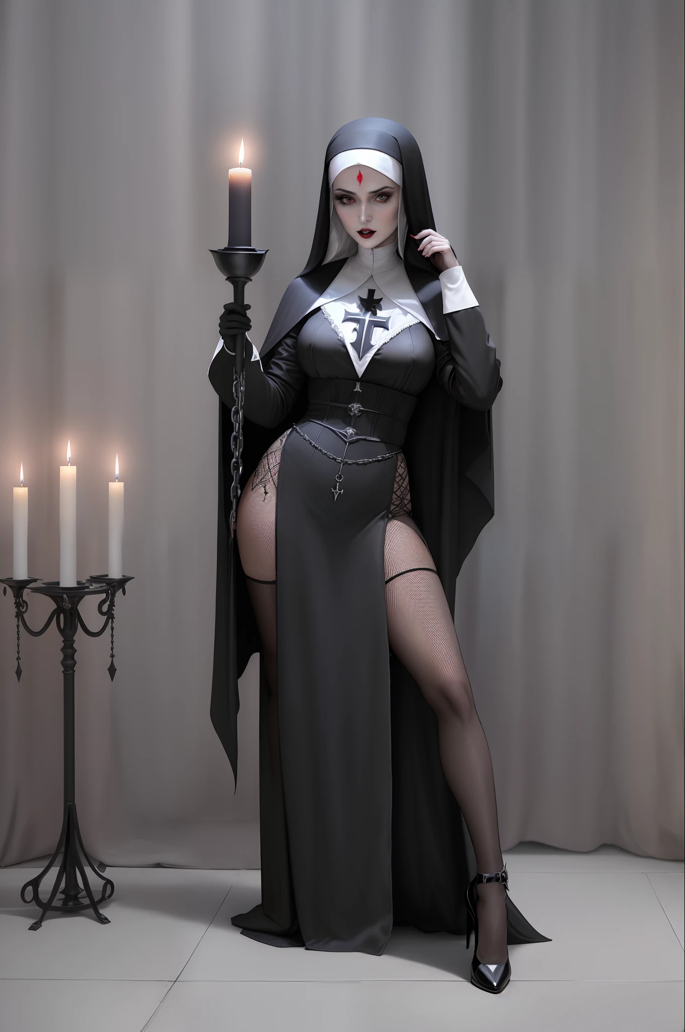 80 years old diabolical nun, granny, perverted, obscene, blasphemy, grotesque, sweaty, big fake silicone breasts, perfect nipples, detailed eyes, red eyes, detailed lips, beautiful face, full makeup, evil_seductive smirk, evil looking cathedral, dark atmosphehre, she kneels on the altar, body fluids everywhere, urine, semen, scat, 8k, half length realistic photo, soft natural lighting, photorealistic, highly detailed, insane details, very detailed, epic, photorealistic photography, hyperornate details, particuls, ultra detail, unreal engine 5