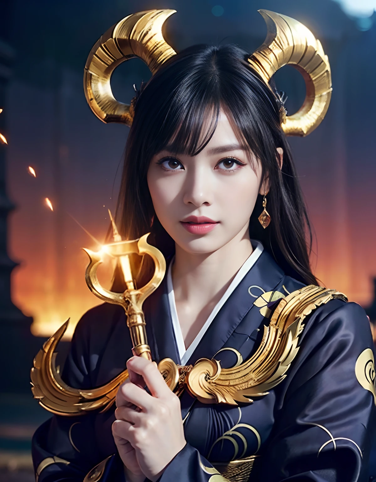 (((fierce battle))),Professional , masterpiece、top-quality、photos realistic , depth of fields 、(sexypose)、(Black maple on the background of full bloom),(Ultimate Beauty)、A dark-haired、Mystical expression、(shrine background)、(Kimono with beautiful pattern)、(Night background)、Beautiful hair ornament on the head、,(intense fighting),((Precipitous cliffs)),(Wear a beautiful kimono),(Wear a colorful and beautiful kimono)、(Japan Castle Background)、Jewel Gold Weapon、Particles of light),(intense fighting)、Gorgeous gold weapons ,Castle background、(( Gorgeous Dragon Sword)) , (a dark night),,(maikurobikini) 、((Black Haired Beautiful Girl))、(Castle background)、(demonic wings)、((Gangle's forest background))、Beautiful Caucasian beauty、1a person、dynamic ungle,(((Two devil's horns on the head)))、Smaller head、Idle Smile、Thin and beautiful female hands、Mystical expression、Light Effects、intense fighting、Wind-effect、magic circles、With the legendary magic wand、Dragon's tail、Anatomically correct fingers、Full Body Angle、Anatomically correct number of fingers、