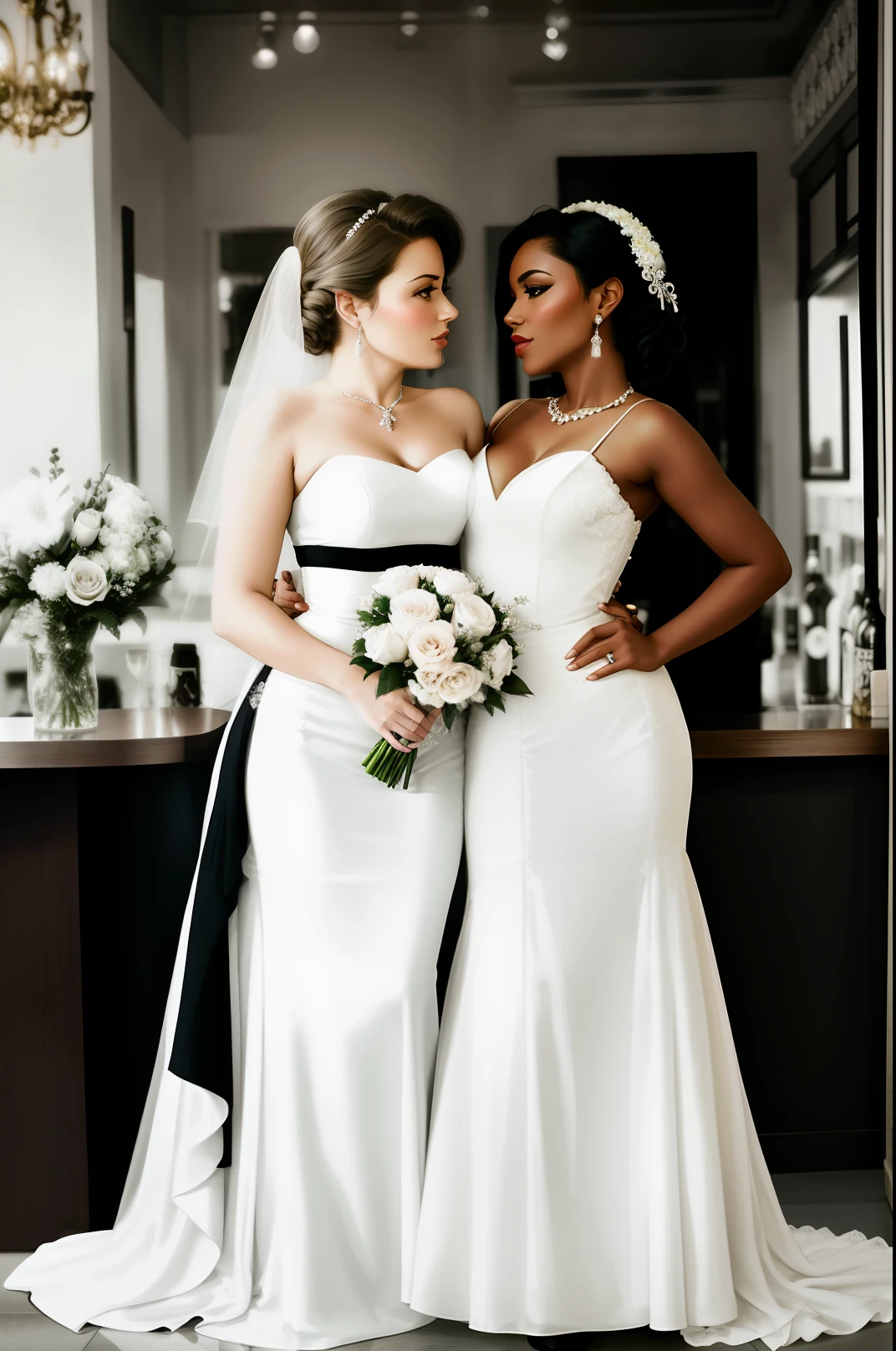bride and maid standing in front of a bar with a vase of flowers, two beautiful women in love, woman holding another woman, lesbian embrace, two models in the frame, black & white, looking her shoulder, two women, ivory and ebony, looking off to the side, beautiful, photo of a beautiful, old hollywood themed, elegant posed, gorgeous features