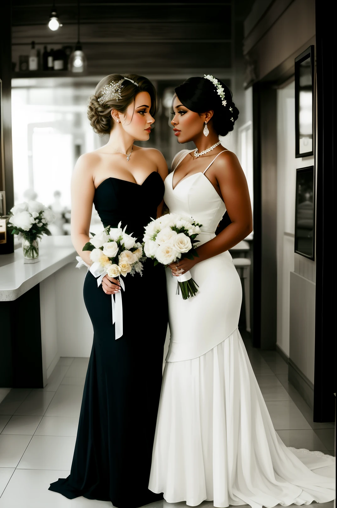 bride and maid standing in front of a bar with a vase of flowers, two beautiful women in love, woman holding another woman, lesbian embrace, two models in the frame, black & white, looking her shoulder, two women, ivory and ebony, looking off to the side, beautiful, photo of a beautiful, old hollywood themed, elegant posed, gorgeous features