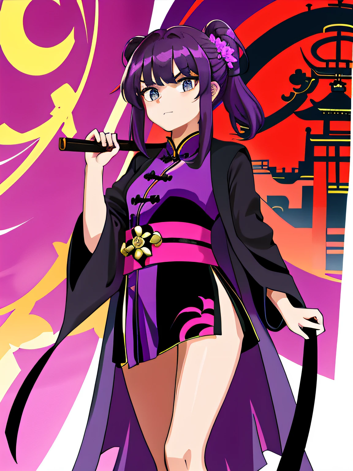 A girl, Wearing a purple and black robe, It stands in a Chinese-style building