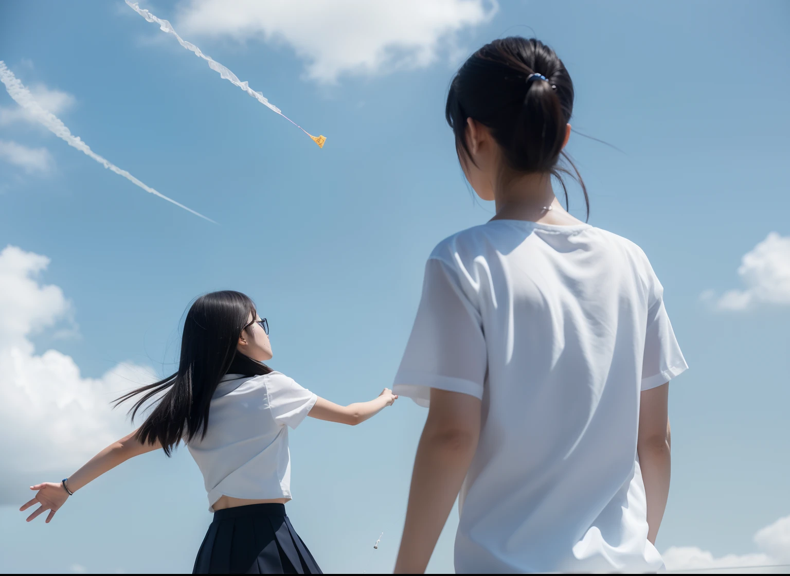 There is a woman and a man flying a kite in the sky, Looking at the sky, two japanese schoolgirls posing, still from live action movie, plain uniform sky at the back, on a bright day, reaching out each other, On a sunny day, Looking Up The Sky, there is blue sky, Sunny day, Clear sky