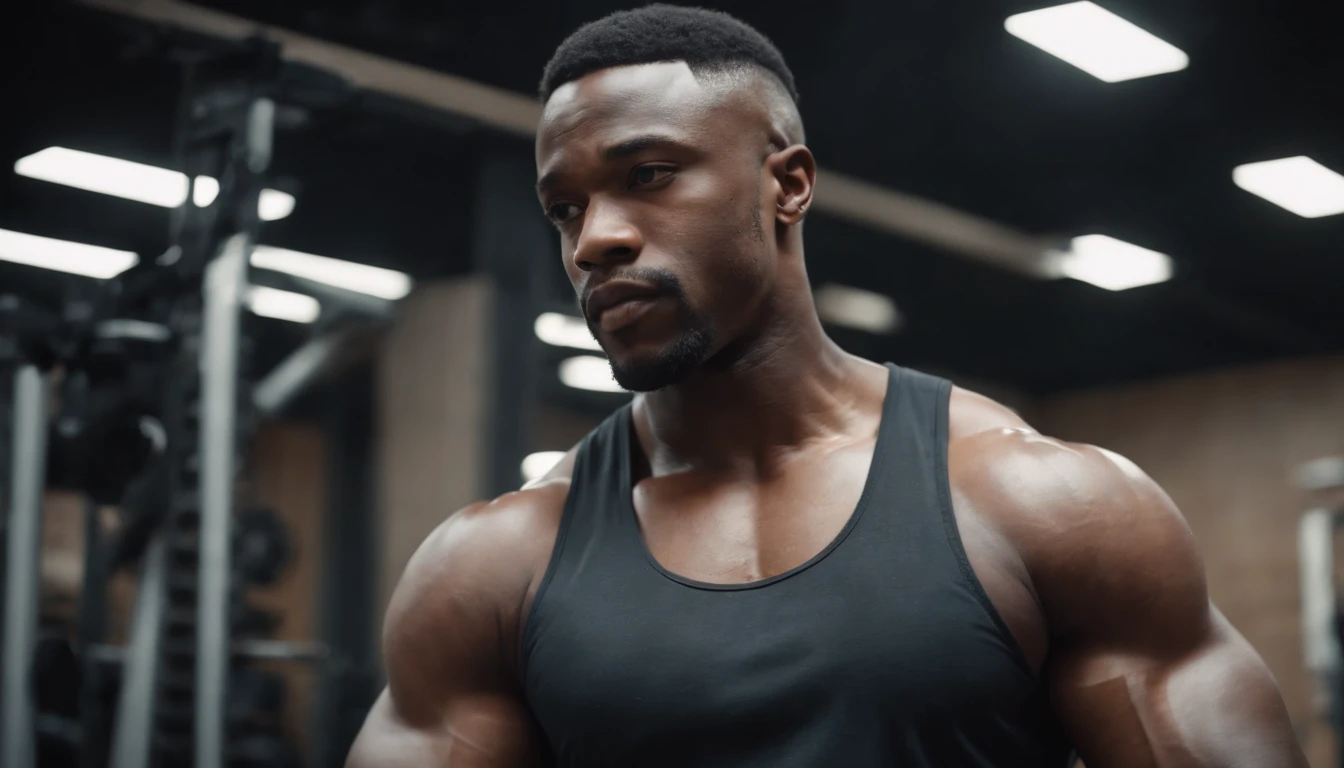 Black male gym in full vest , big muscle, Height 190 cm, big shoulders, Big muscular legs, (Draweye Detail), (realisitic),full bodyesbian