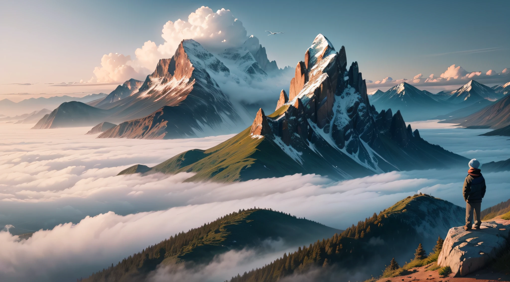 Design a captivating YouTube channel image for a travel relaxation channel, symbolized by a 7--old wearing glasses. Create a tranquil and awe-inspiring scene where the young boy is standing amidst the serenity of a misty mountain landscape.
The boy should be positioned at a viewpoint, looking out at a breathtaking vista of fog-shrouded mountains. He should have an expression of wonder and tranquility, embodying the sense of calm and relaxation associated with travel.
Incorporate the channel's name, 'Mountain Mist Retreat,' in a font that harmonizes with the image's overall atmosphere. Place the text creatively within the image, ensuring it blends seamlessly with the landscape and reflects the channel's theme of travel relaxation.
The image should convey a sense of peaceful exploration, the beauty of nature, and the idea that travel can be a soothing and rejuvenating experience. It should inspire viewers to join the channel in discovering the serene world of mountain mist and relaxation, just like the boy amidst the fog.