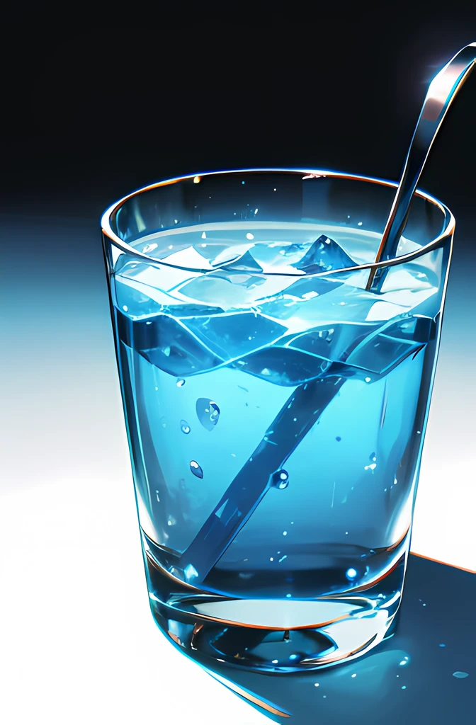 A glass of water with a spoon inside.