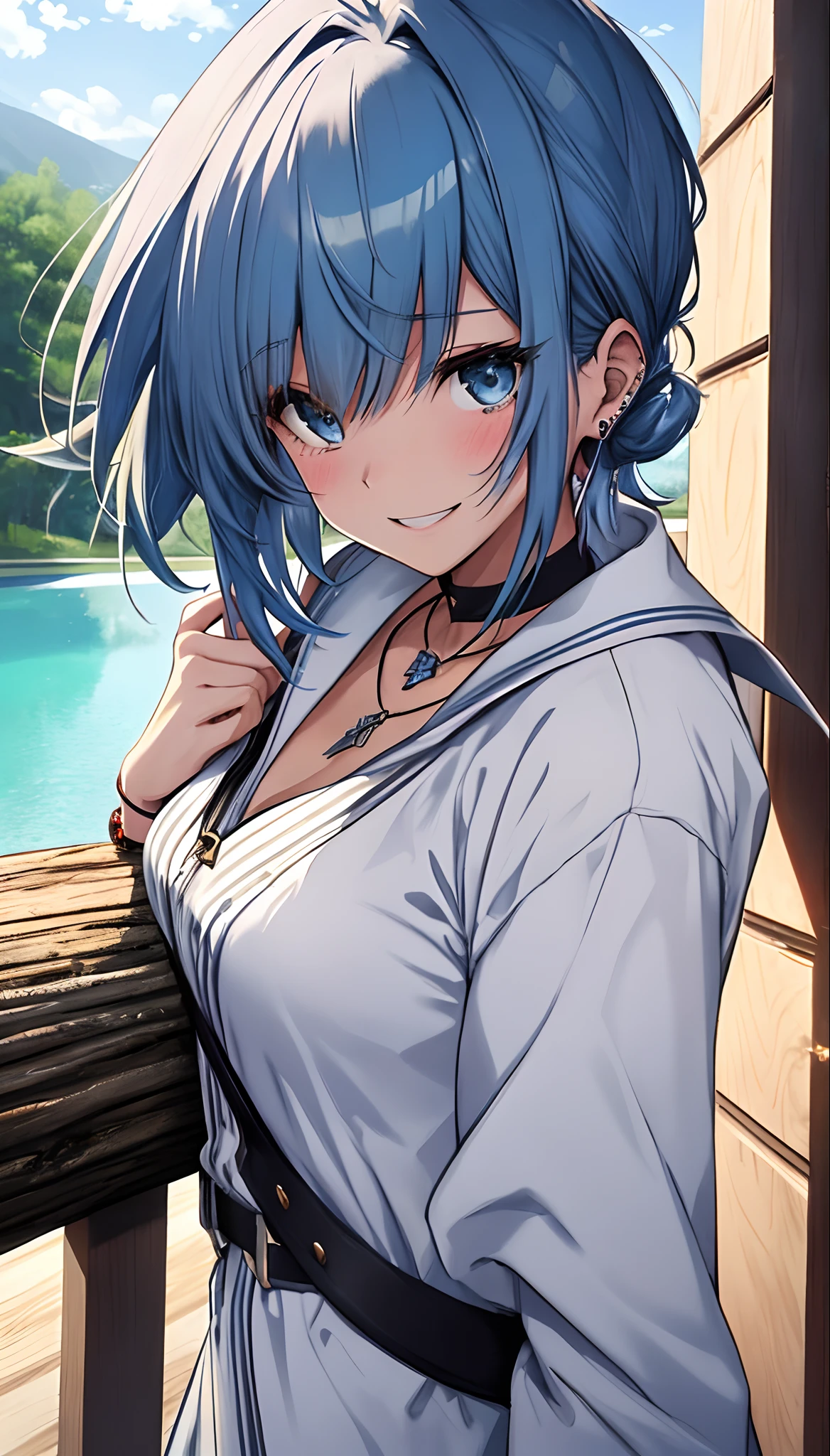 (NSFW:1.2), (8K, Raw photography, Top image quality, A masterpice: 1.4), ultra high def, (Realstic, photorealestic: 1.48), 1girls, Solo Focus, type moon style, Kyoto Animation Style, short-length hair, (blue hairs:1.7), Blunt bangs, Hair Between Eyes, clear eyes, side locks, White hair, Shiny hair, beautiful detailed cold face, Seductive smile, Angry, complex details beautiful and delicate eyes, Bare_Shoulders, Small_Breasts, Gray eyes, White skin, Hair Ornament, (((T-shirt))), swim ring, swimsuit, beautiful bare back, Sandals, Skindentation, collar bone, Bare_Legs, beach, Beautiful detailed sky, White sand, tree, very precise details, absurdist, Extremely detailed, 16k wallpaper,remrezero