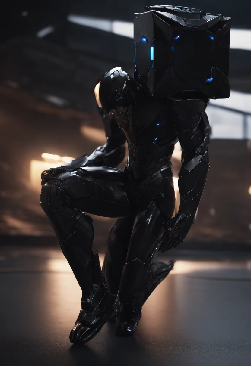 highly detailed, vibrant, production cinematic character render, ultra high quality model, black entity poses standing and holding a black cube, zero dimensional background, 4K quality, best quality