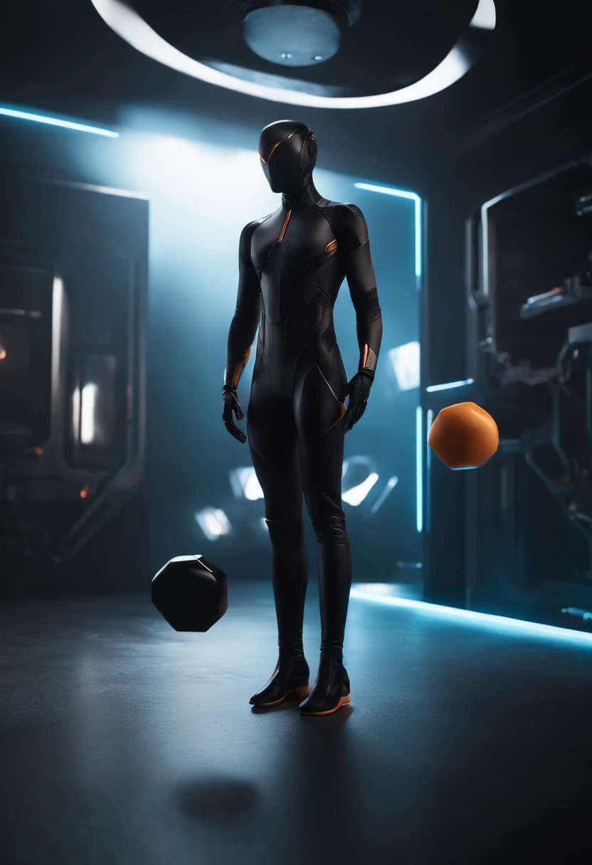highly detailed, vibrant, production cinematic character render, ultra high quality model, black entity poses standing and holding a black cube, zero dimensional background, 4K quality, best quality