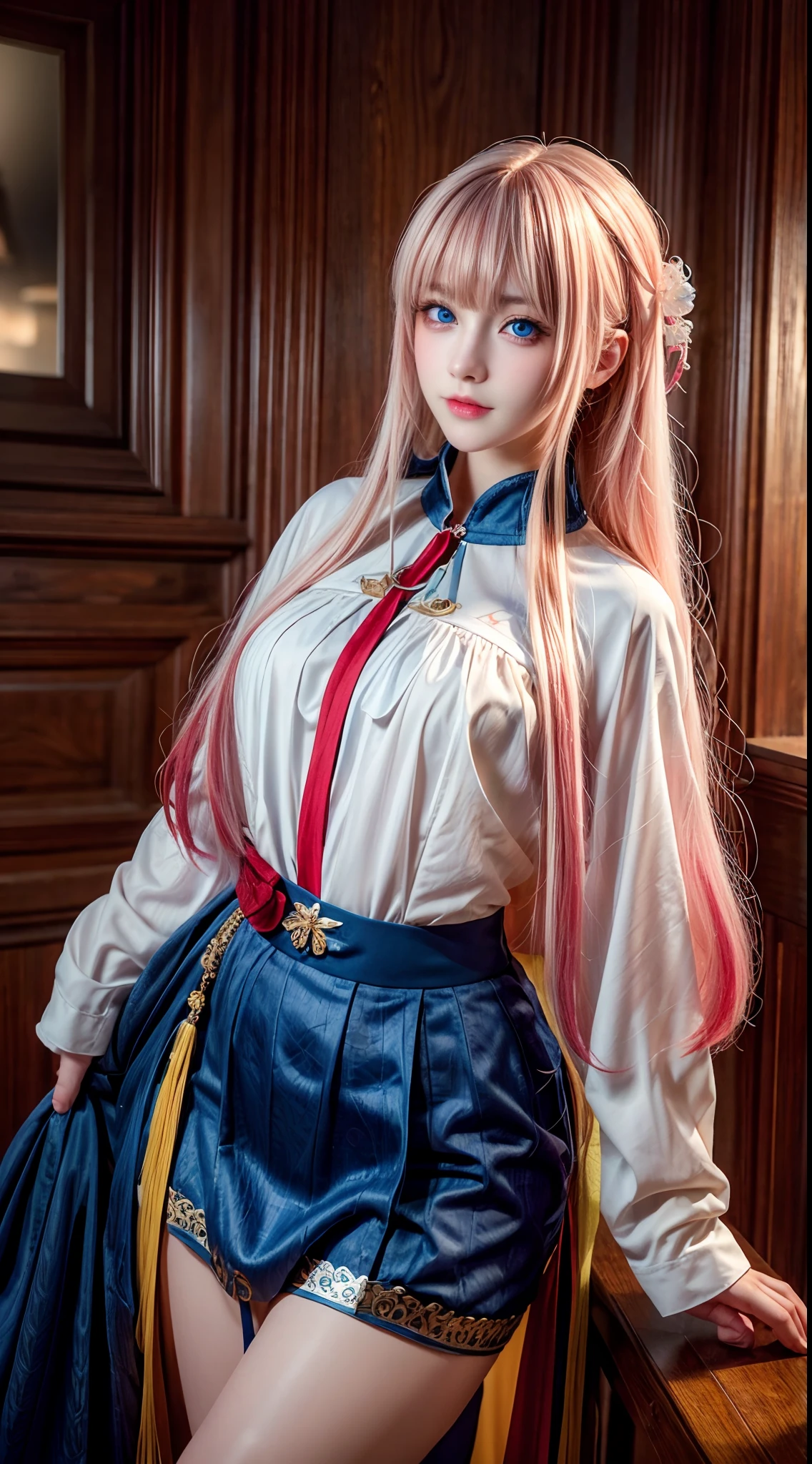 "(Best quality, 4K, high resolution, Masterpiece:1.2), Ultra-detailed, (Realistic, Photorealistic, photo-realistic:1.37), Vibrant red and blue eyes, Strong gaze, Mesmerizing eye contact, Fire-red iris, Deep blue pupils, Vivid colors, Portrait, Fantasy art, Magical red light, Ethereal beauty, pink color palettes, Heterochromia is described in particular detail, Long yellow hair