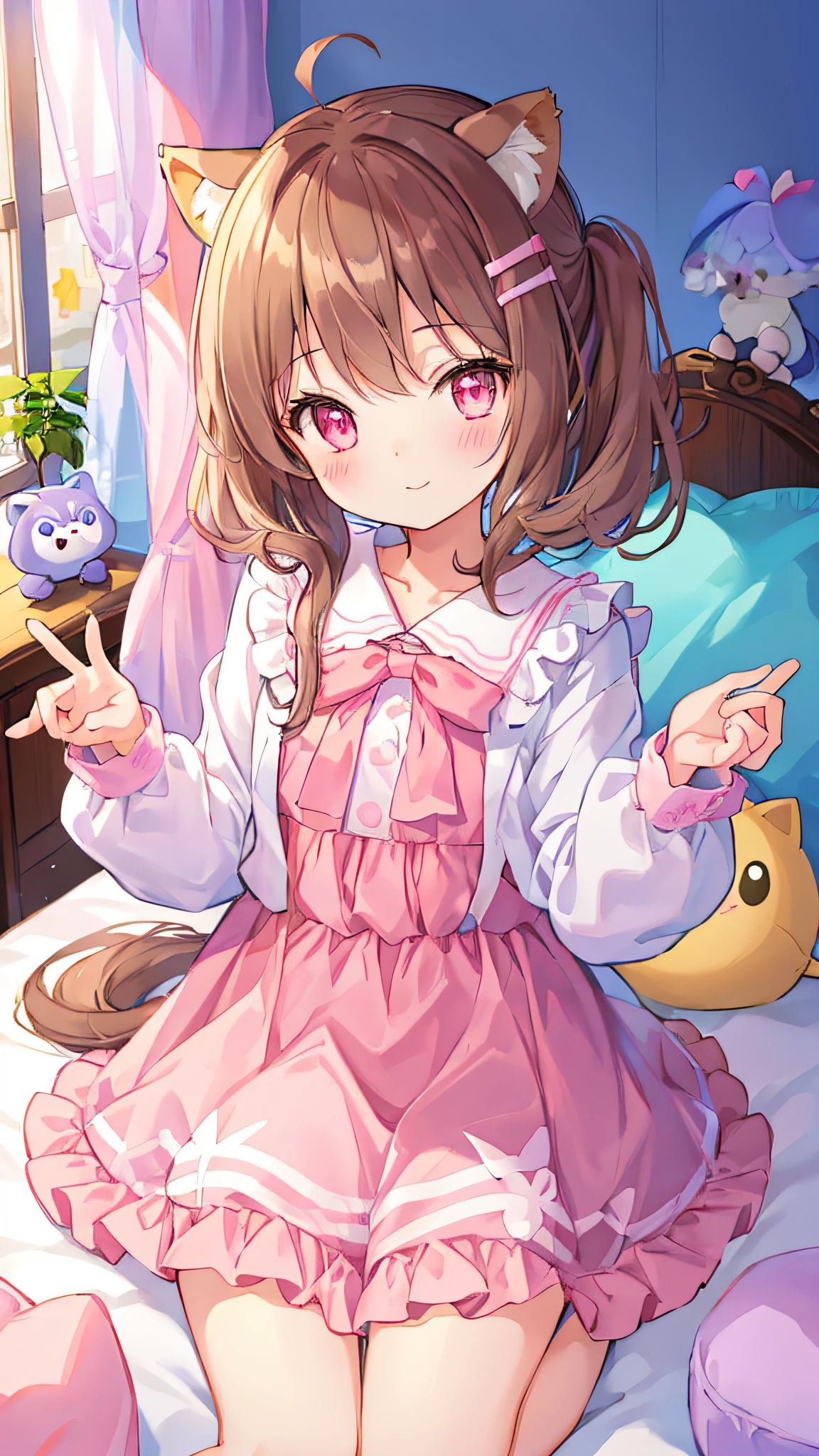 mirai kasuga (million live), (best quality, 8K, masterpiece, ultra detailed:1.2), cinematic lighting, beautiful detailed eyes, lens flare, from above,
1girl, solo, cute girl, sweet, innocent, peaceful and silent, bedroom, pastel color, fluffy bunny ears, petite, rabbit stuffed toy, bright lighting, pajama, frills, thighhighs, (v arms)