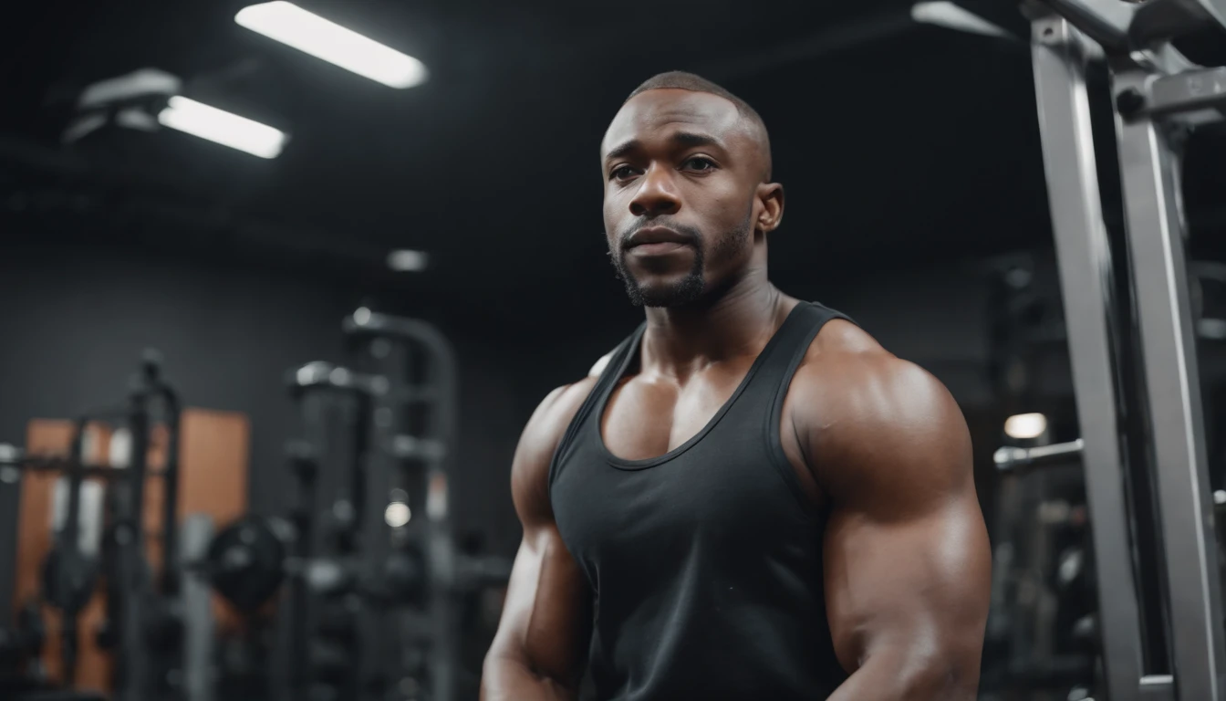 Young ebony man, slim with broad shoulders, casual clothes, no facial hair, all natural, at the gym