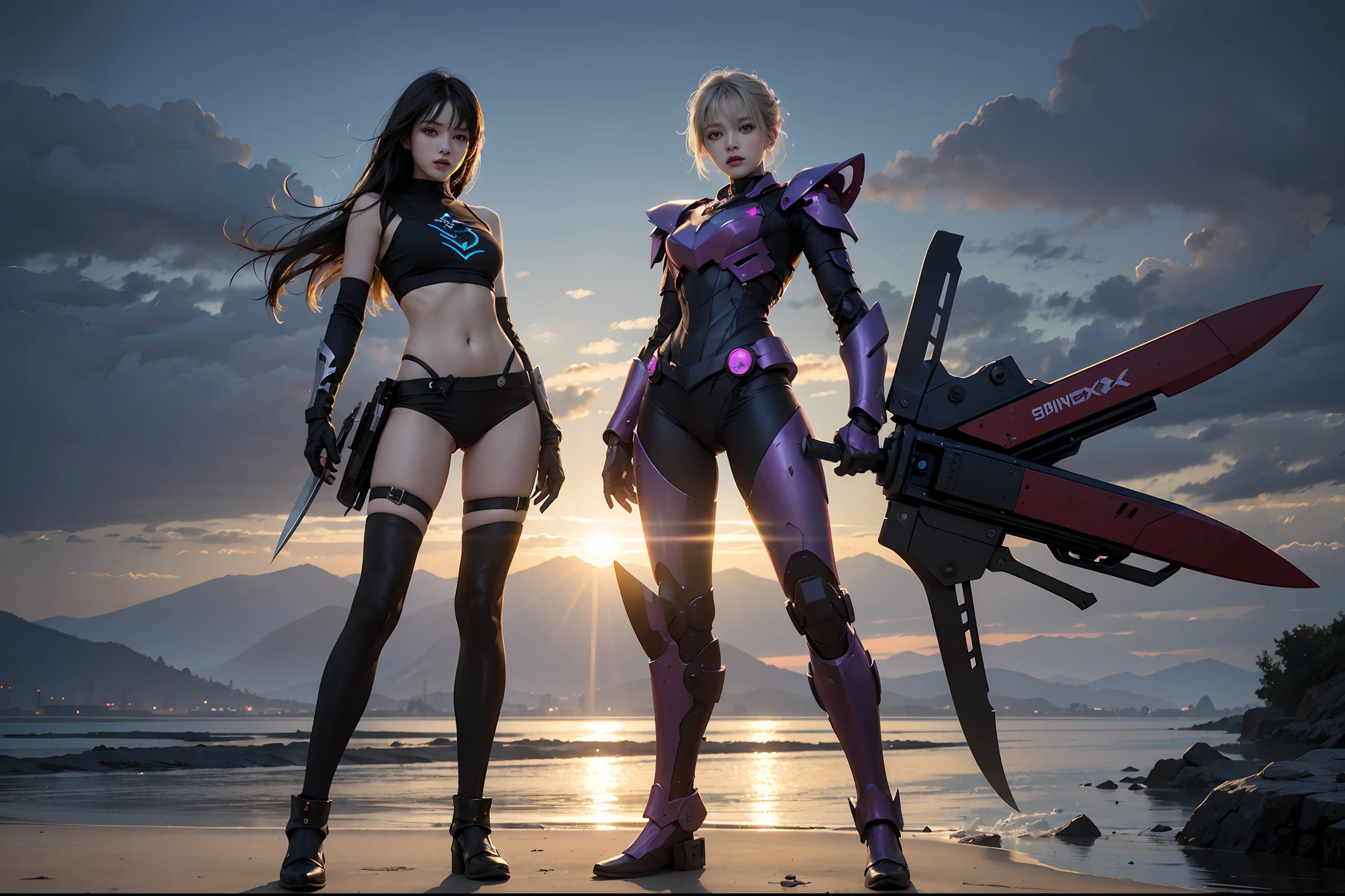 (globalillumination、Full body photo,Front Shooting,radiography、hdr、The rendering is not realistic、reasonable design、high detal、in a panoramic view、best qualtiy、hyper HD) ,River,Girl in mecha armor,Delicate and sophisticated,Has a symmetrical texture,Take weapons,knifes,Punk elements,neon trim,