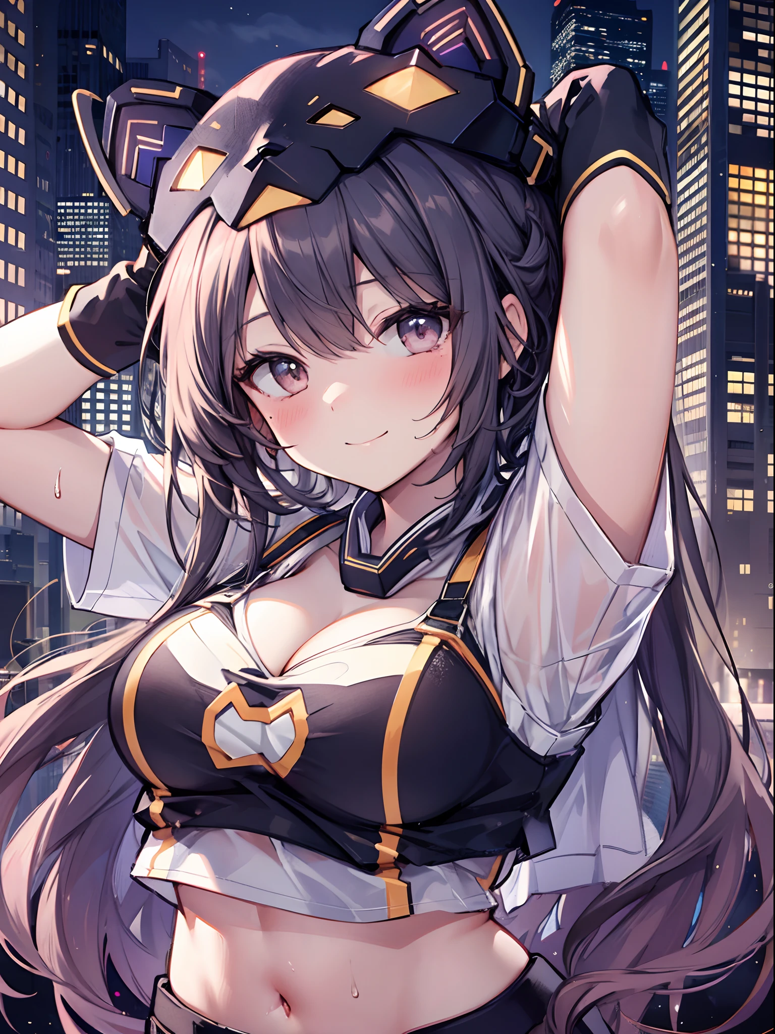 1girl in, (Chiquita:1.2), IP1, 1girl in, (Cat mask, croptop, Tight pants, Twin-tailed, Short sleeves, gloves), 
(Close Shot, Best Quality, hight resolution, 4K, Detailed Lighting, Shaders, NSFW), 

Smiling, blush, Sweat, 
Dynamic Pose, 
Skyscraper, Night, 
Looking at Viewer,
cleavage, arms up, 
Focus,