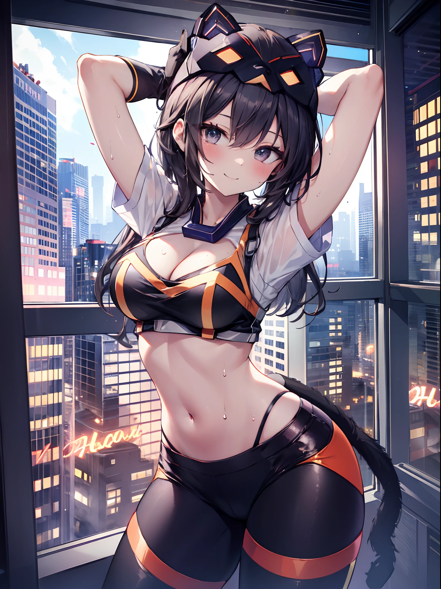 1girl in, (Chiquita:1.2), IP1, 1girl in, (Cat mask, croptop, Tight pants, Twin-tailed, Short sleeves, gloves), 
(Close Shot, Best Quality, hight resolution, 4K, Detailed Lighting, Shaders, NSFW), 

Smiling, blush, Sweat, 
Dynamic Pose, 
Skyscraper, Night, 
Looking at Viewer,
cleavage, arms up, 
Focus,