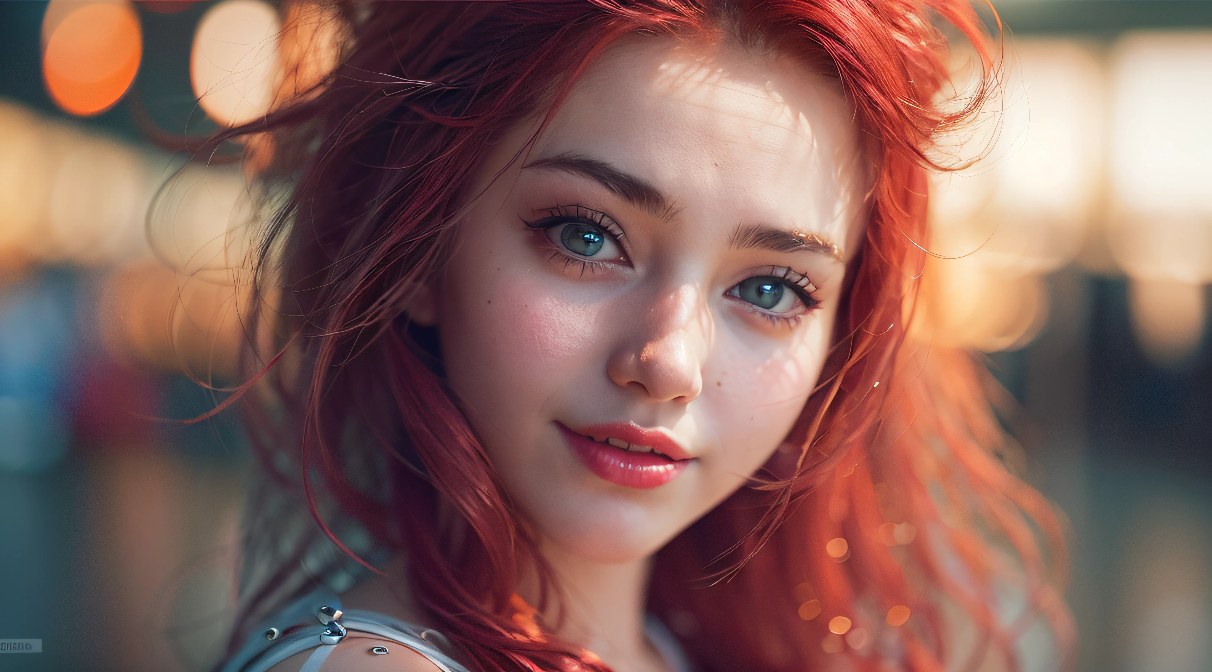 (8k, RAW photo, photorealistic)+ ,( lipgloss, eyelashes, gloss-face, glossy skin, best quality, ultra highres, depth of field, chromatic aberration, caustics, Broad lighting, natural shading)+ looking at viewer with a serene and goddess-like happiness, masterpiece, realistic, photo-realistic), 1girl, face, close-up, Smiling, ight red hair, blue eyes, (looking at viewer)2, absurdly long hair, long eyelashes, eyeshadow, big blue eyes, high contrast, portrait photography, close up, masterpiece, 20 years old woman, long silky light red hair, Red lipstic, Red Lips, symetrical face, Most beautiful women, Goddess like beauty, clears facial expressions, subtle smile, stunning women, elegant dress, in middle of avenue, 35 mm, DLSR, film grain, cinematic, intricate details, 4K, 8k, hd