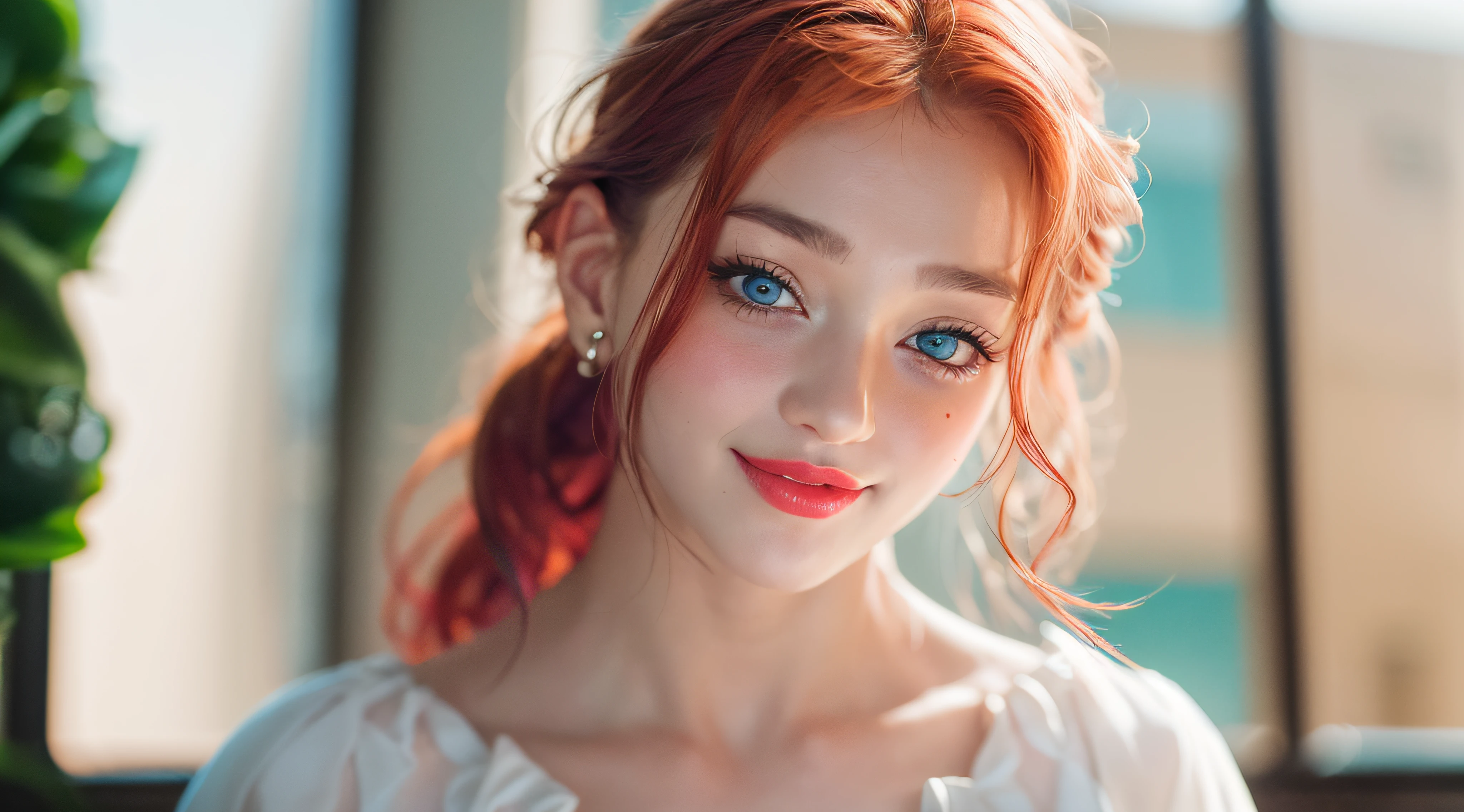 (8k, RAW photo, photorealistic)+ ,( lipgloss, eyelashes, gloss-face, glossy skin, best quality, ultra highres, depth of field, chromatic aberration, caustics, Broad lighting, natural shading)+ looking at viewer with a serene and goddess-like happiness, masterpiece, realistic, photo-realistic), 1girl, face, close-up, Smiling, ight red hair, blue eyes, (looking at viewer)2, absurdly long hair, long eyelashes, eyeshadow, big blue eyes, high contrast, portrait photography, close up, masterpiece, 20 years old woman, long silky light red hair, Red lipstic, Red Lips, symetrical face, Most beautiful women, Goddess like beauty, clears facial expressions, subtle smile, stunning women, elegant dress, in middle of avenue, 35 mm, DLSR, film grain, cinematic, intricate details, 4K, 8k, hd