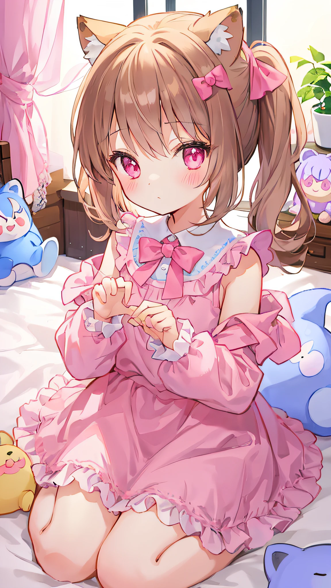 Beautiful illustration、top-quality、Cute s、Bedroom、PastelColors、Fluffy raccoon ears、小柄、brown haired、Bright lighting、bright pink eyes、Pony tail