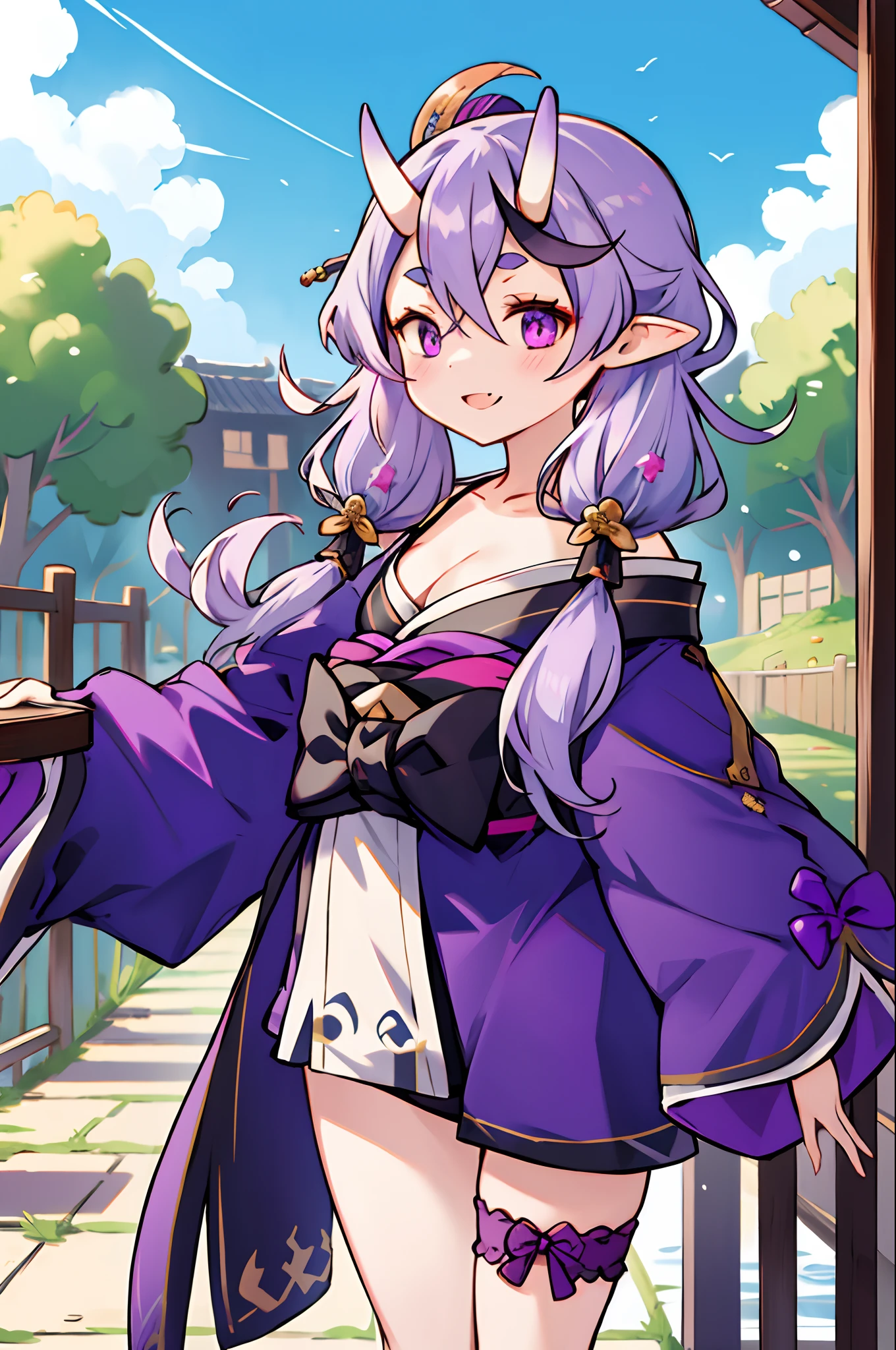 masutepiece, Best Quality, hight resolution, Amikoto, low twintails, crescent-shaped hair ornament, Bow, Purple Ribbon, short eyebrows, tusk, off shoulders, Purple kimono, Short kimono, cleavage, sleeves past wrists, Obi, sash, Thigh strap, Cowboy Shot, Standing, Outdoors, Smile, Arms at sides, straight-on,